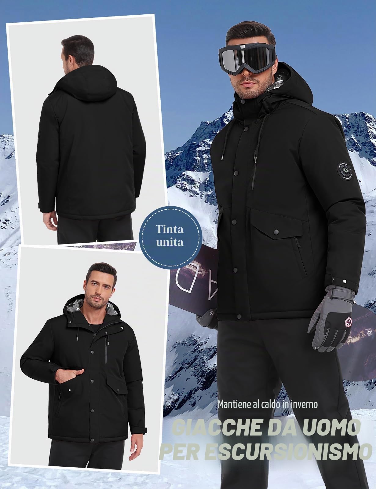 TOMEEK Giubbotto Invernale Uomo Impermeabile Giacca Antivento Cappotto Invernale Caldo per Uomo Tuta da Sci con Misurazione della Temperatura Cappuccio e Bussola