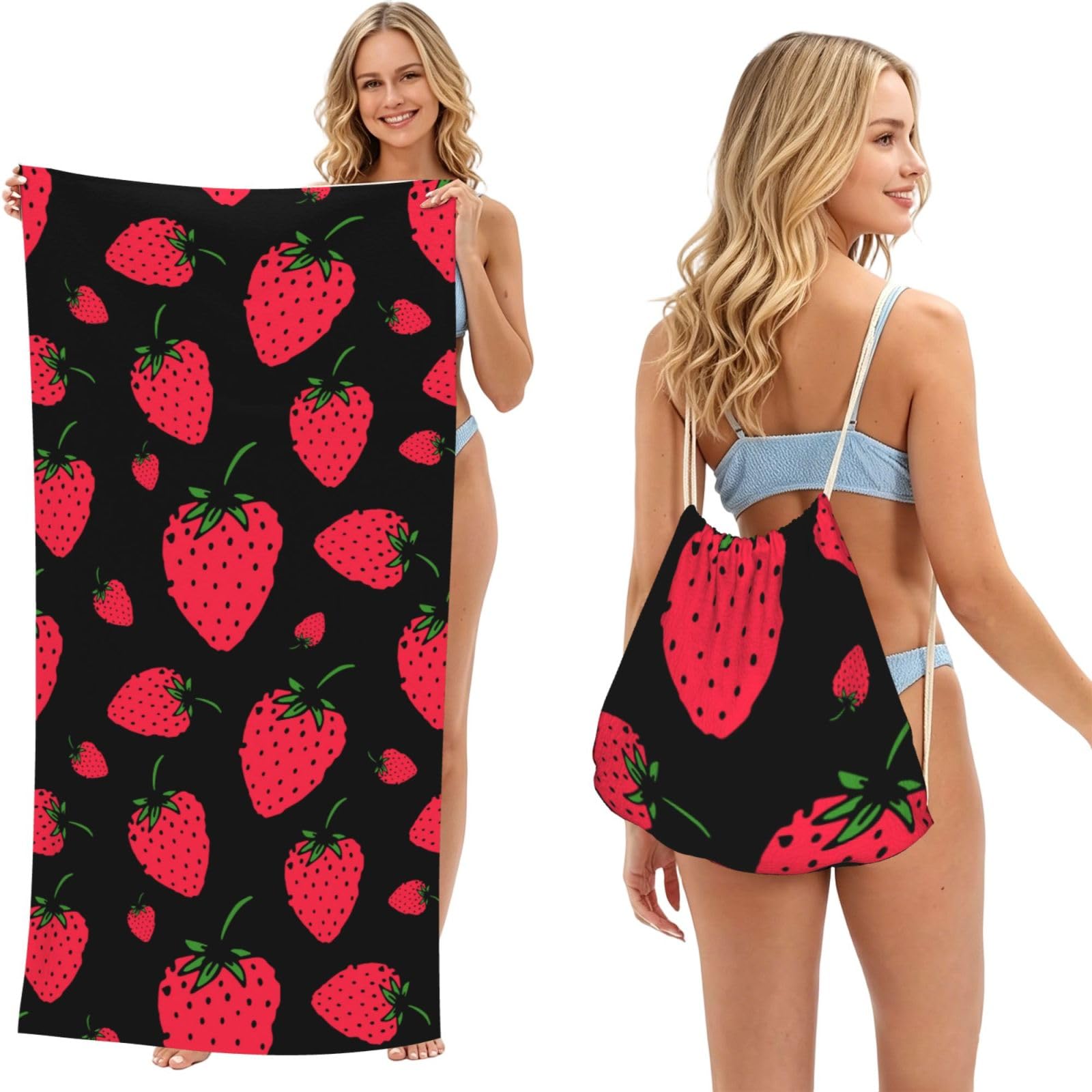 Poadnly As Picture Strawberry Strawberry, 2 In 1 Packable Towel Bag, Beach Towels With Drawstring Backpack For Travel Holiday Camping
