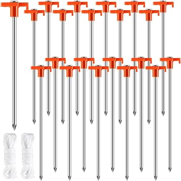 20 Pack Tent Stakes,10 Inch Heavy Duty Metal Tent Pegs,Tent Pegs Camping Stakes,Non-Rust Ground Stakes Tent Spikes for Outdoor Camping Garden,with 2 Pcs 10FT RopesOrange