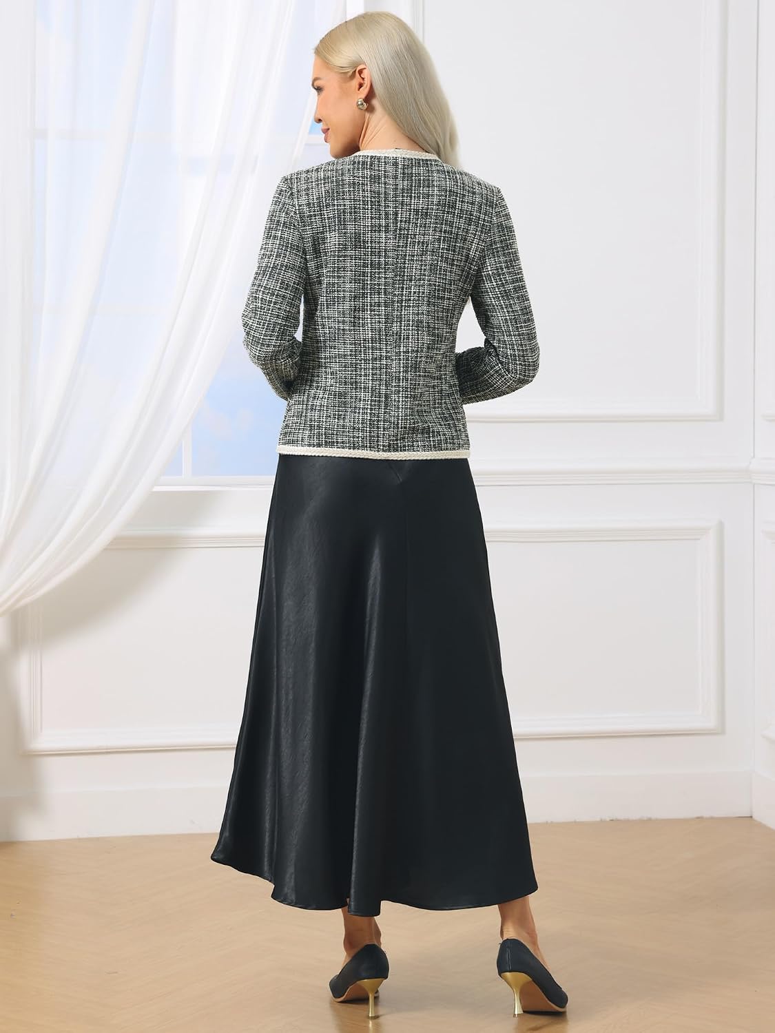 Hobemty Women's Tweed Cardigan Long Sleeve Open Front Business Casual Knit Jacket for Dress