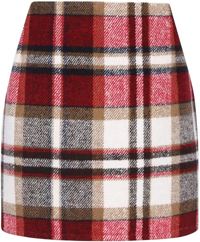 Kinghua Womens Wool Plaid Mini Skirt Fall Winter High Waisted Bodycon Pencil Skirt