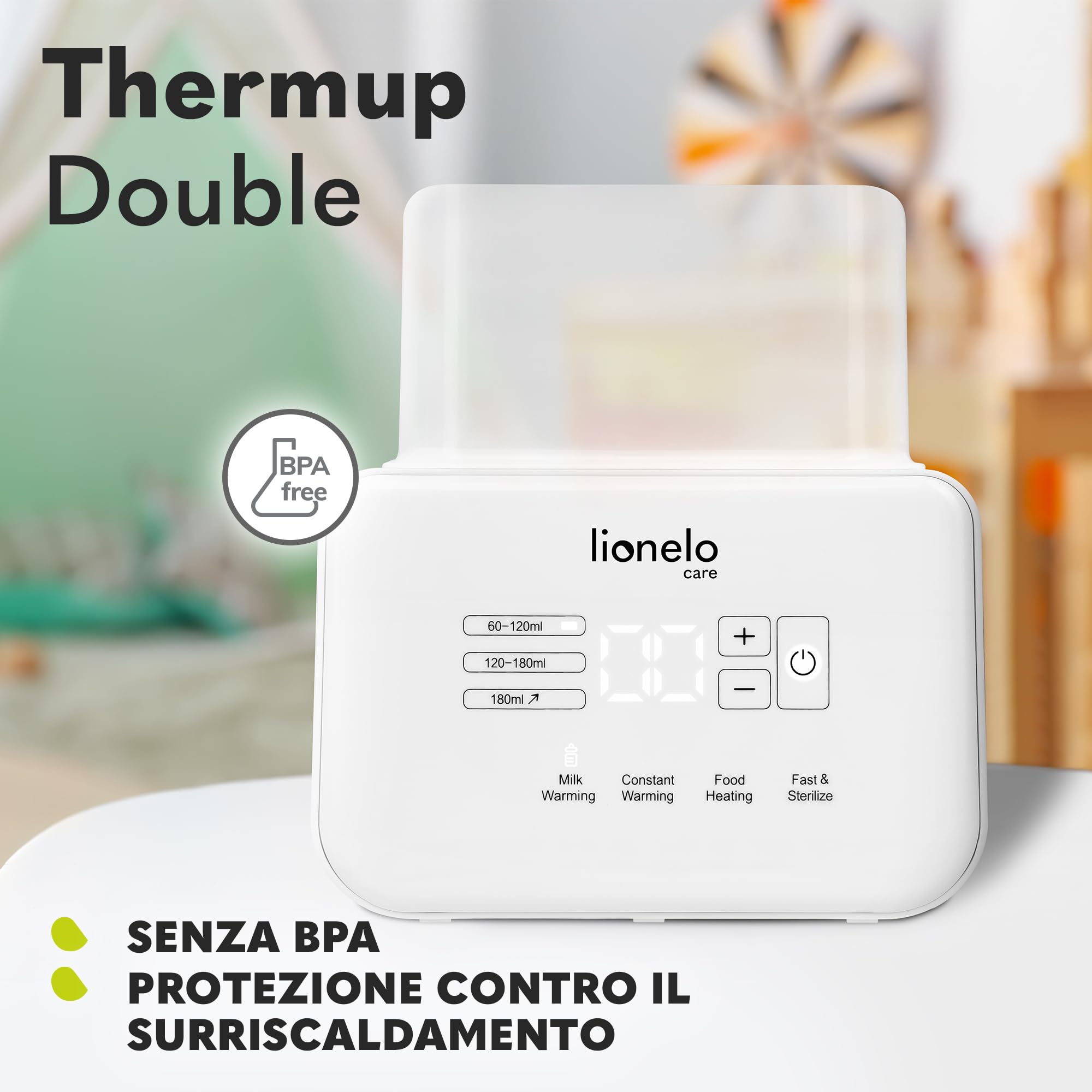 LIONELO Thermup Double scaldabiberon elettrico doppio, Sterilizzatore, scalda pappe e biberon, scongelamento latte, riscaldamento rapido 3-5 minuti, 6 funzioni