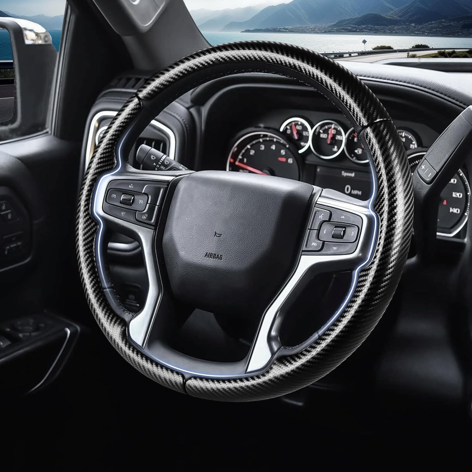 Steering Wheel Cover for Chevy Silverado 1500 2019-Present/ 2500 3500 2020-Present/Blazer 2019-Present (Gasoline Models)/ Suburban Tahoe 2021-2024, Car Steering Wheel Cover Accessories for Chevrolet Matte Black For Silverado 1500 2019-Now