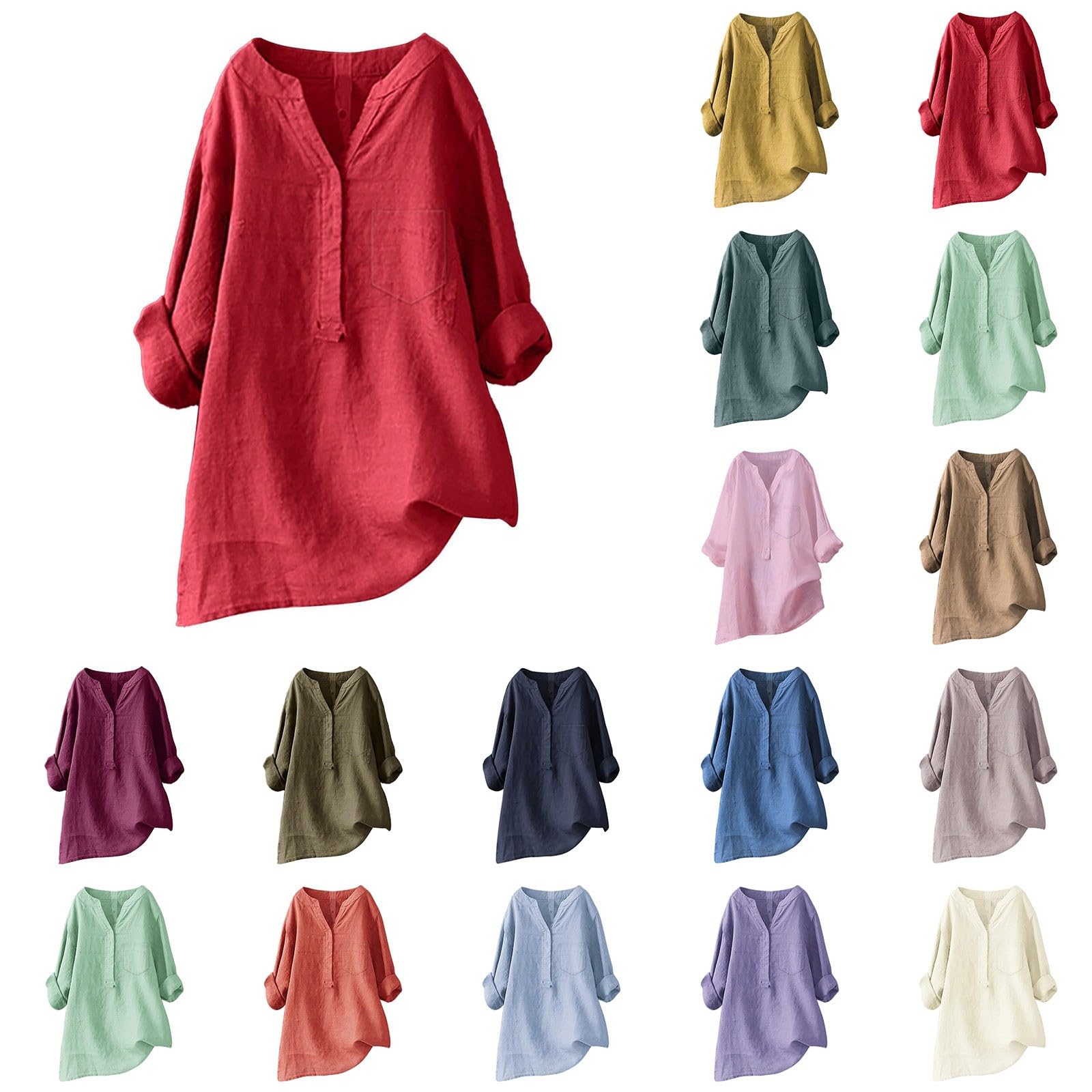 Camicia Donna Bianca Elegante Blusa Cotone E Lino Lunga Manica Lunga Camicia da Lavoro Scollo a V Estiva Casual Camicette per Vacanze Tinta Unita Classico Shirt Tops Oversize Moda Camice Curvy