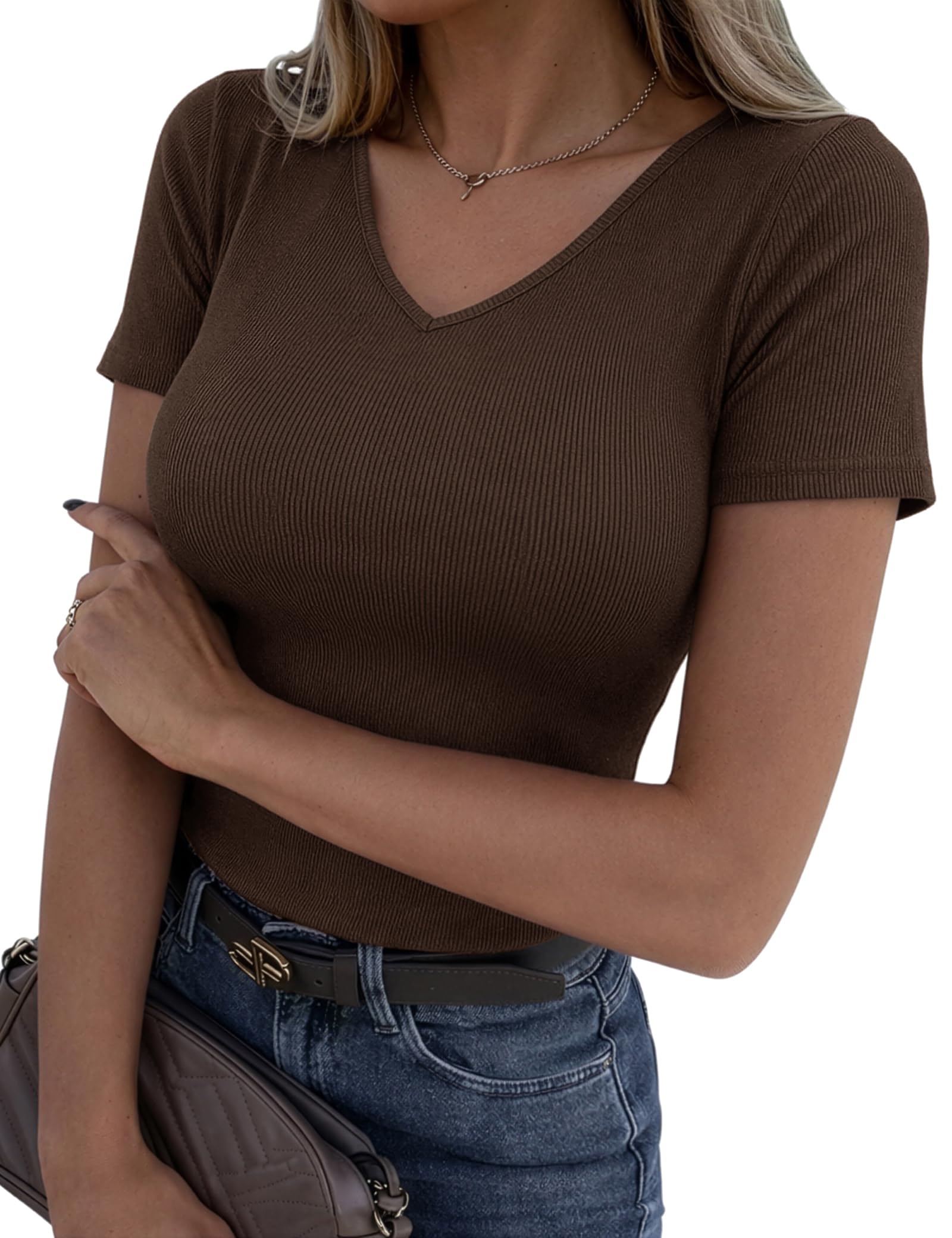 Totatuit Damen Tshirt V Ausschnitt Kurzarm Rippshirt Sommer Elegant Oberteile Slim Fit Shirt Stretch Basic Casual Top