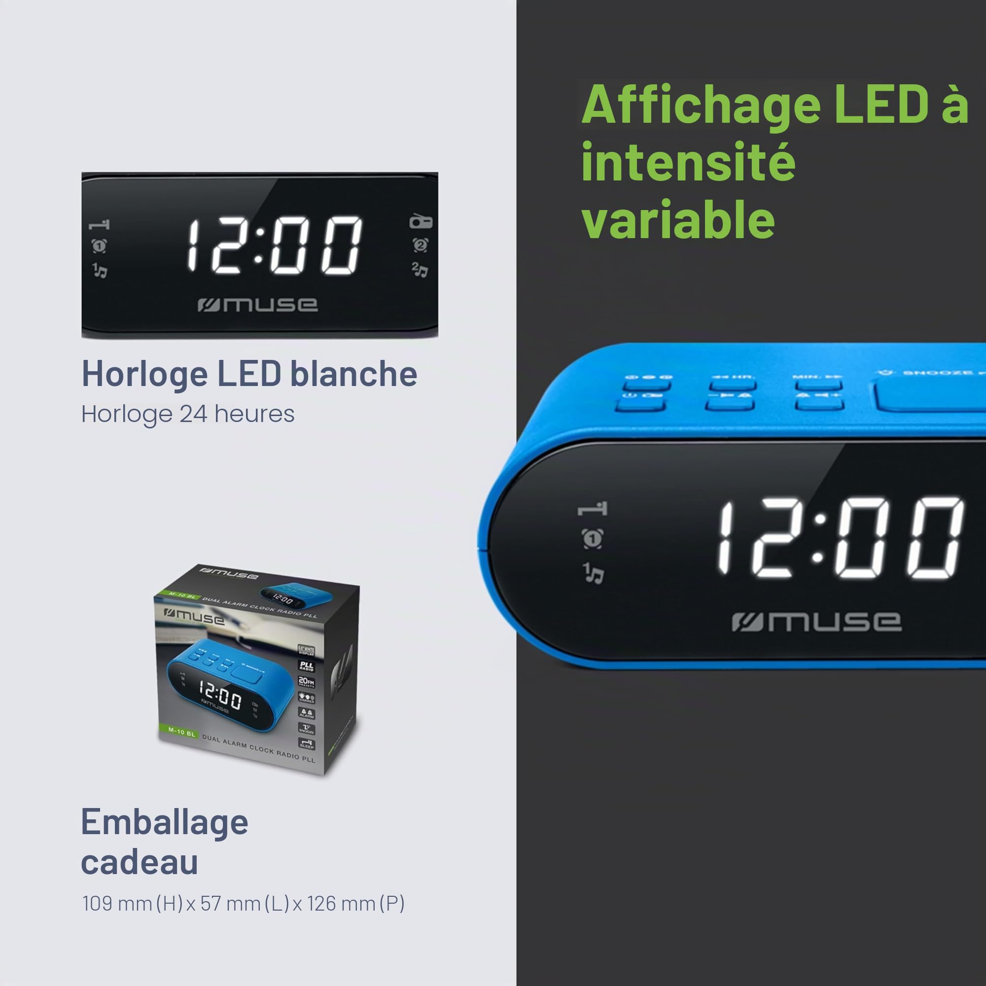 Muse M-10 BL Radio-réveil avec écran LED, 20 stations mémorisables Bleu