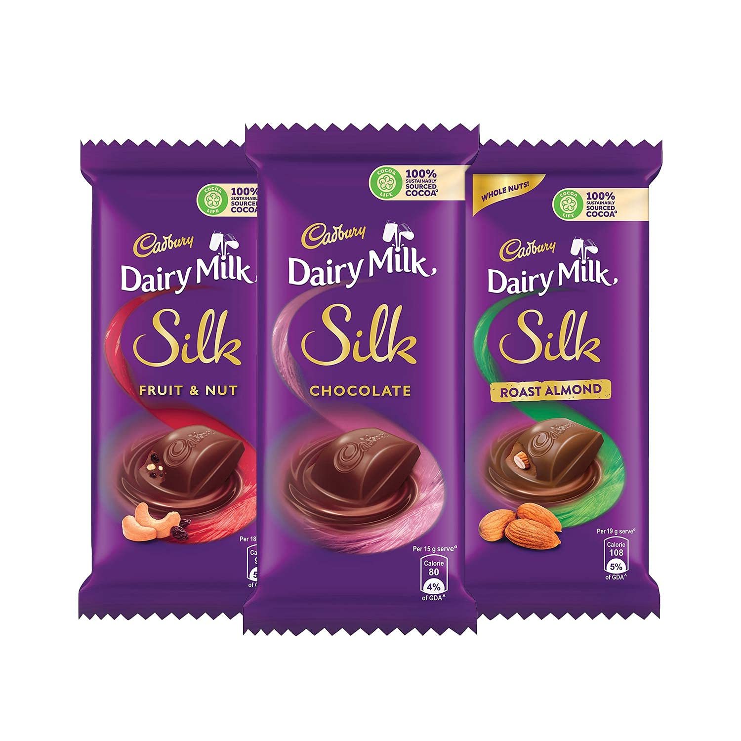 CadburyDairy Milk Silk Small Chocolates Combo (2 x Plain 60g, 2 x Roast Almond with whole nuts 58g and 2 x Fruit and Nut 55g)