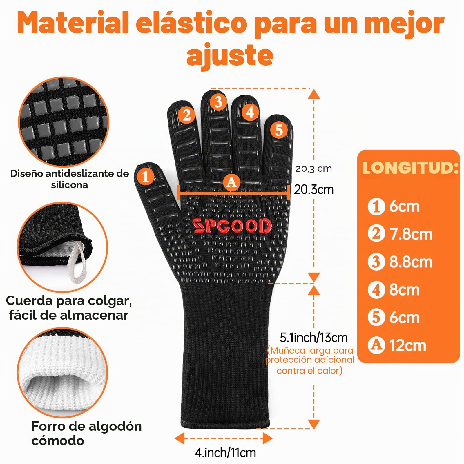 SPGOOD Guantes Barbacoa Guantes Horno Altas temperaturas Largos, BBQ Guantes Resistentes al Calor hasta 800℃ para Cocina, Parrilla, Hornear, Microondas, Chimenea Negro（L/XXL）