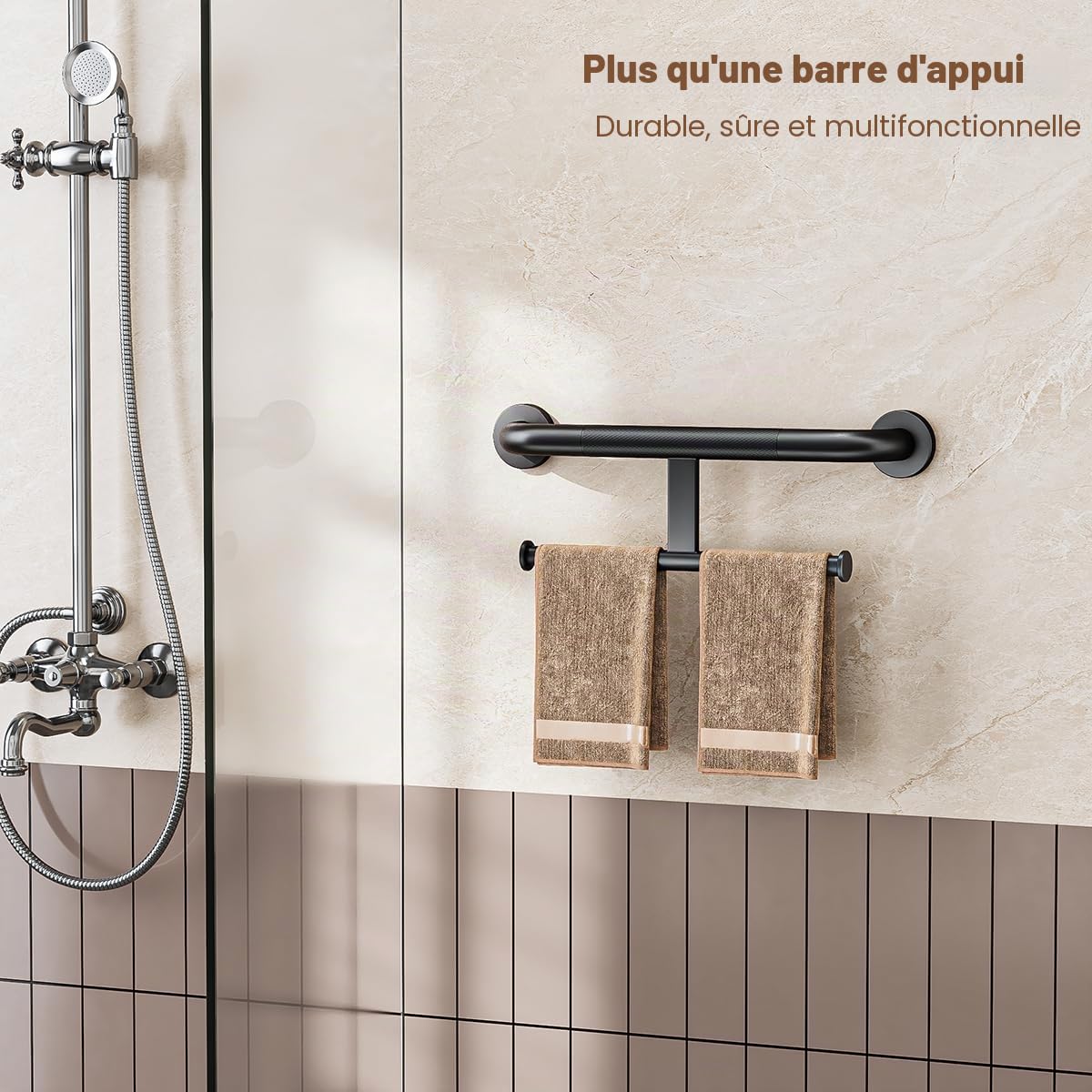 FANHAO Barre d'appui pour Douche avec Double Support pour Papier hygiénique 45.5 cm, 2 en 1 Barre d'assistance de sécurité Acier Inoxydable, Barre d'appui pour Personnes handicapées, âgées