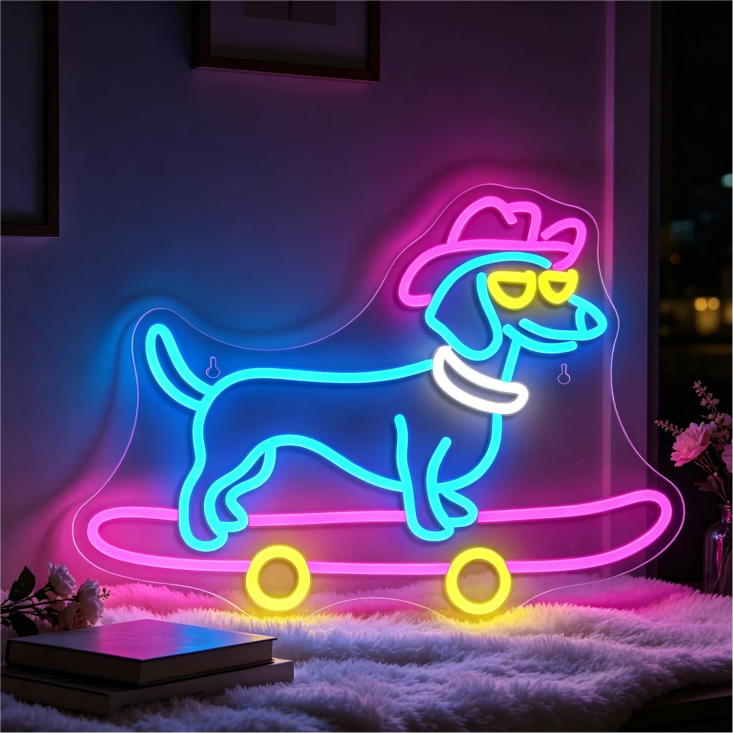 Skateboard Dog Neon Sign Dimmable Switch Cute Puppy with Cowboy Hat Neon Light Signs for Wall Decor USB Powered Bright Skateboard Dog Signs for Dog Lovers 16.54”x11.61”