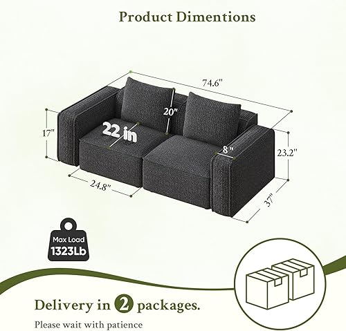 Miniatura 2 de sofá biplaza de 75 pulgadas, cómodo sofá de chenilla, sofás pequeños con estructura de madera para espacios pequeños, sofá biplaza moderno de 2 Gris