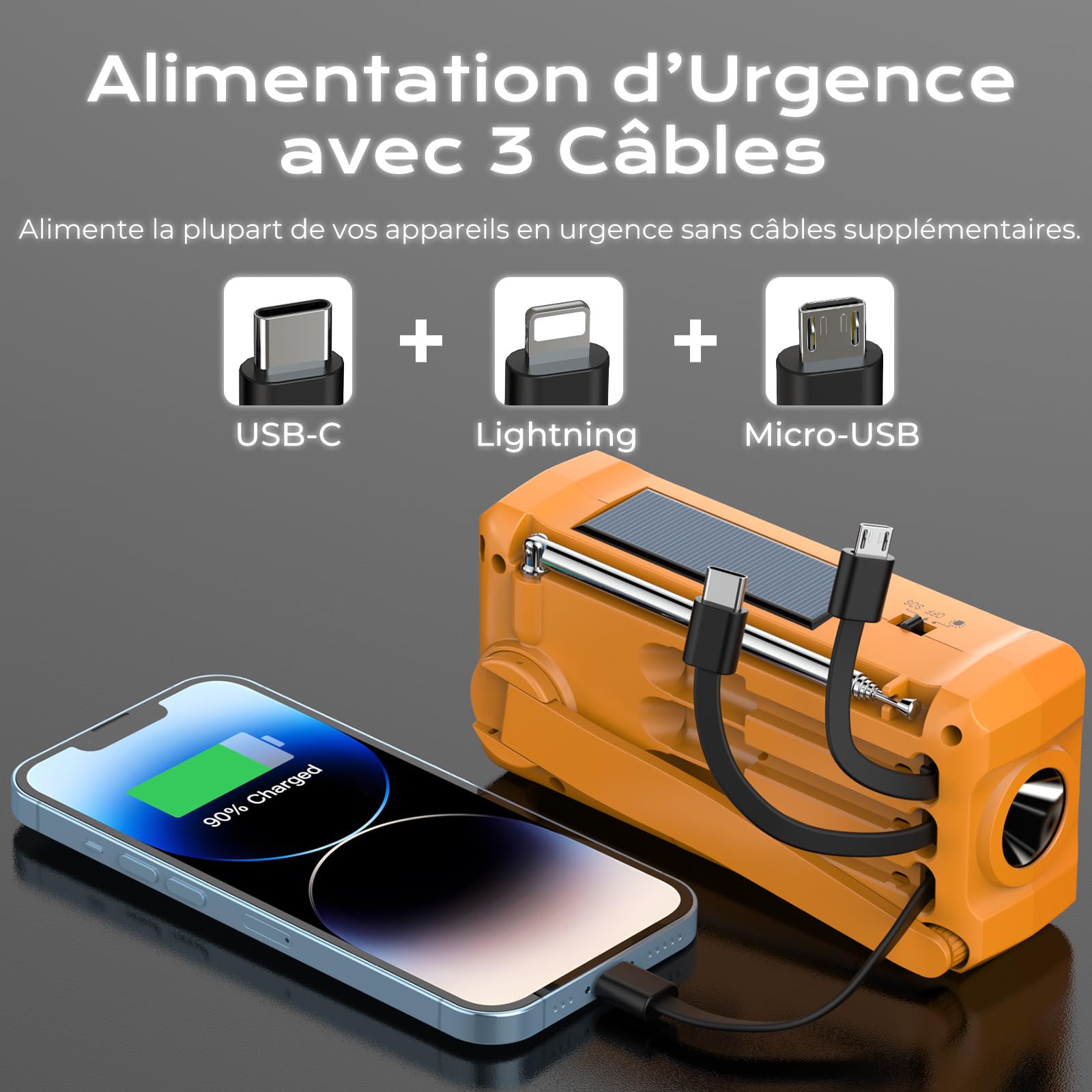 PRUNUS J-366 Radio Portable d'Urgence à Manivelle avec Batterie Rechargeable 2000mAh, Alarme SOS, Lampe de Poche, USB-C, Solaire