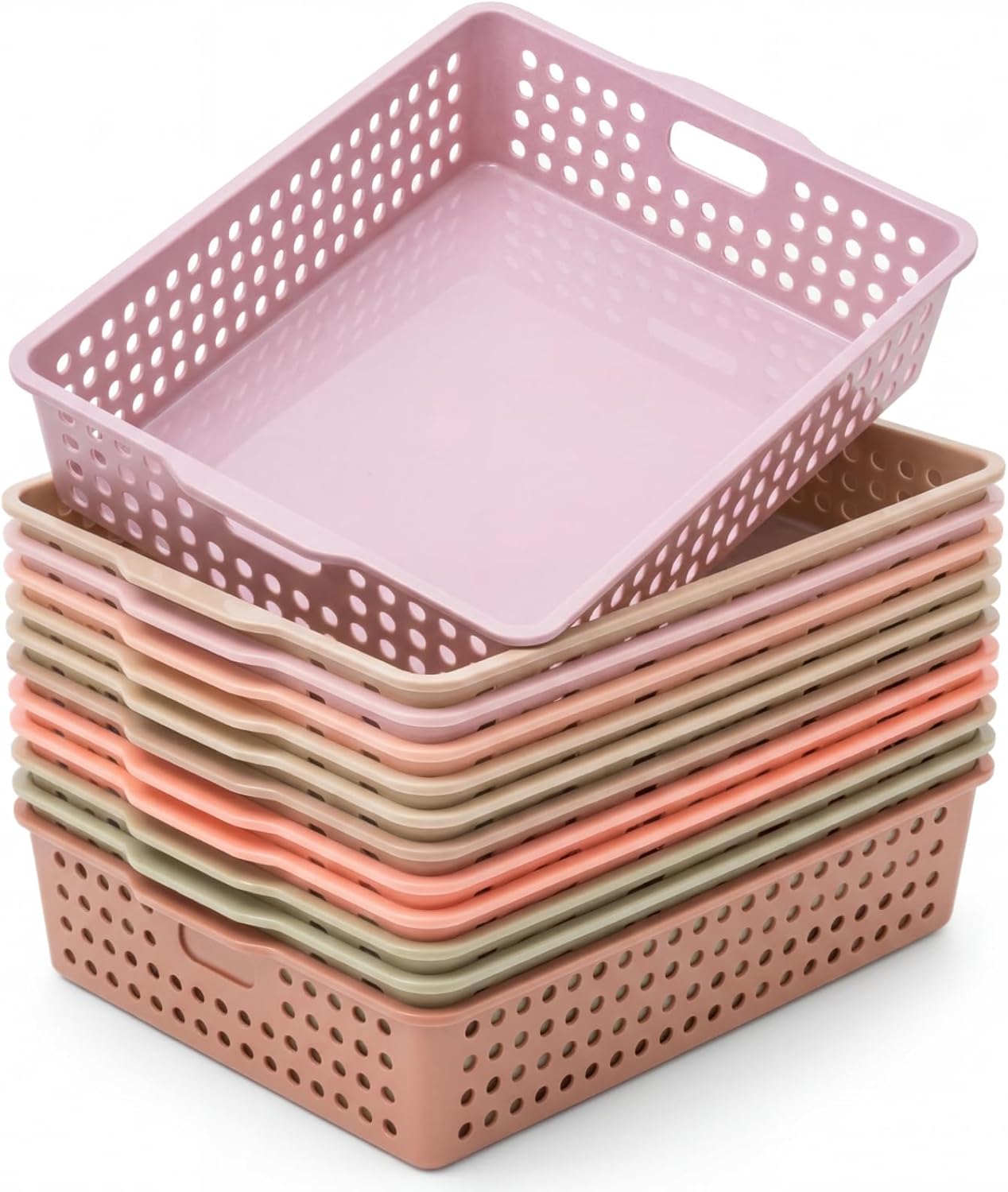Geetery 12 Pack Classroom Storage Baskets with Handle 14''x10'' Paper Tray Holds A4 Turn in Trays Plastic Paper Baskets Desk Organizer Bin for Classroom, Library, Office, Home (Terrazzo Color)