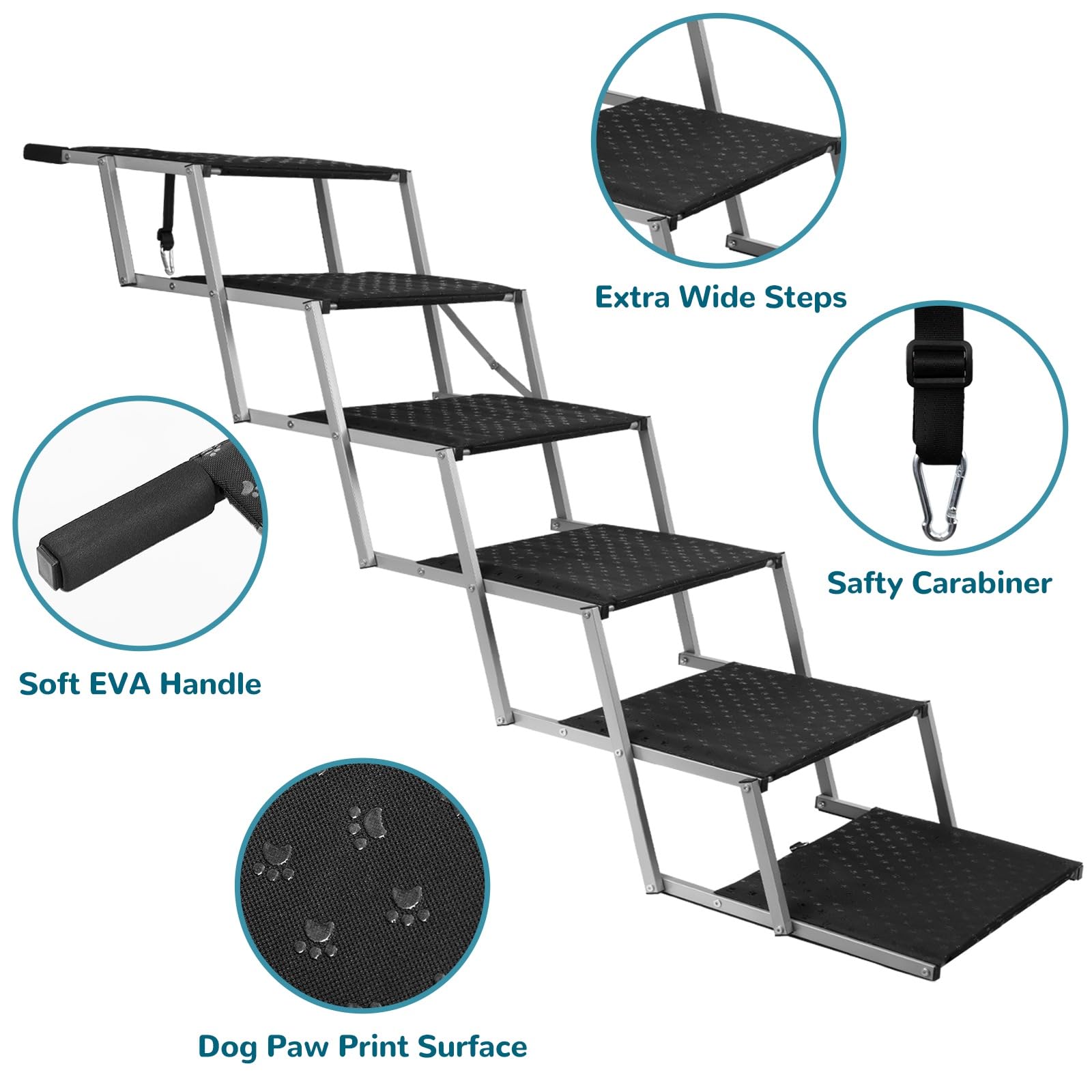 Escalier pour Chien 6 marches Pliable Aluminium léger Charge 113kg Surface antidérapante Extra Larges pour Voiture SUV Camion Argenté