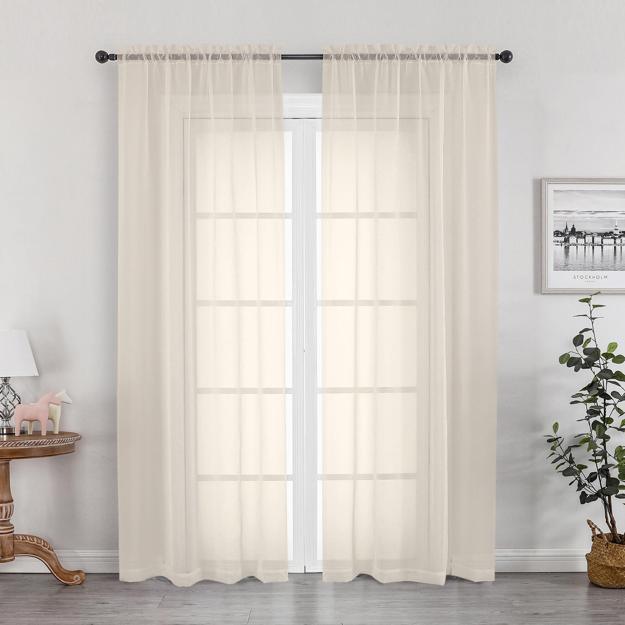 OWENIE Sheer Curtains 72 Inches Long 2 Panels Set, Light Filtering Sheer Curtain Rod Pocket Clear Drapes for Living Room Bedroom Window Sliding Door, Each 42 x 72 Inch, Cream