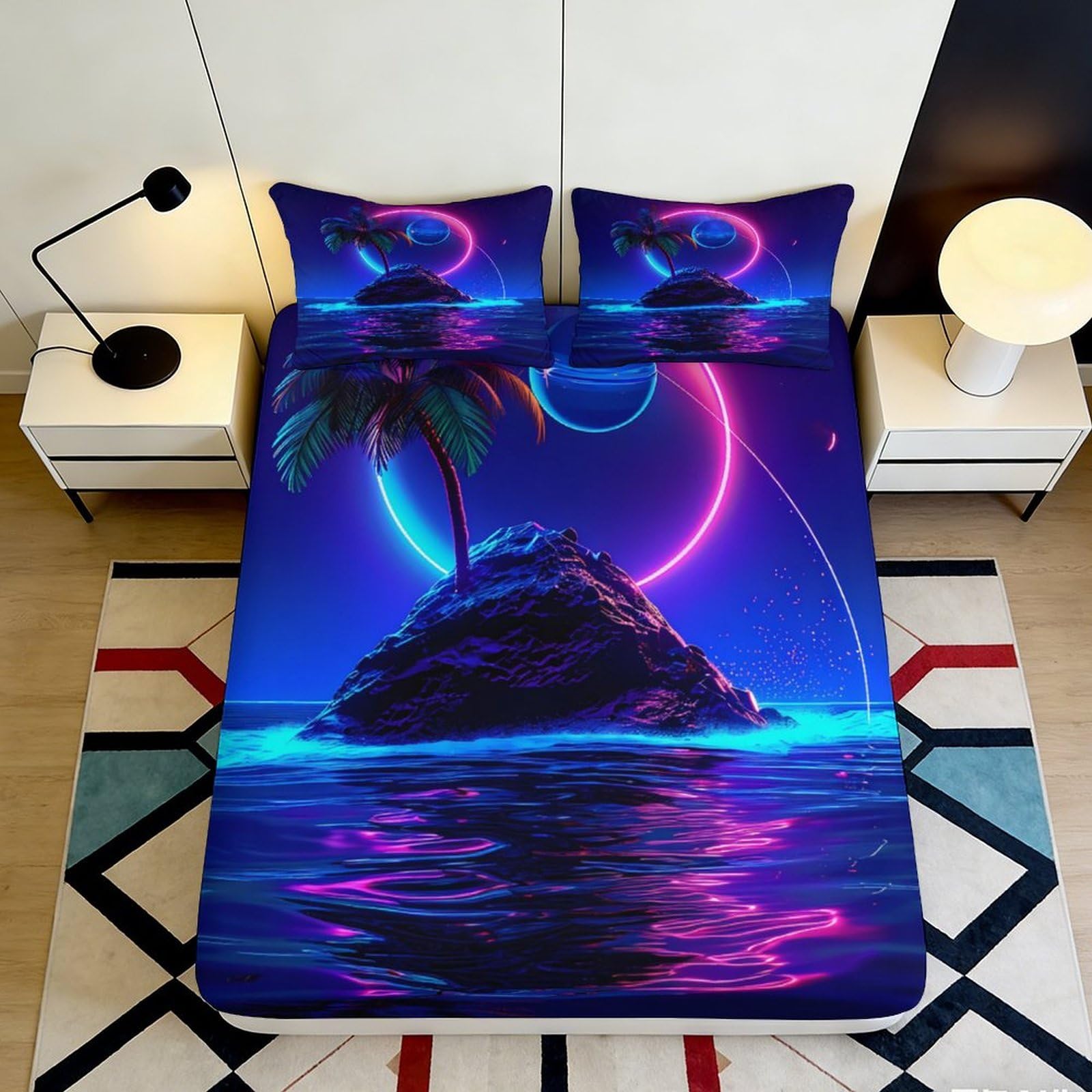 3D Printed Neon Island Fitted Sheet Microfiber Soft Breathable Retro Sunset Mattress Cover for Bedroom Decor 90x200x25cm
