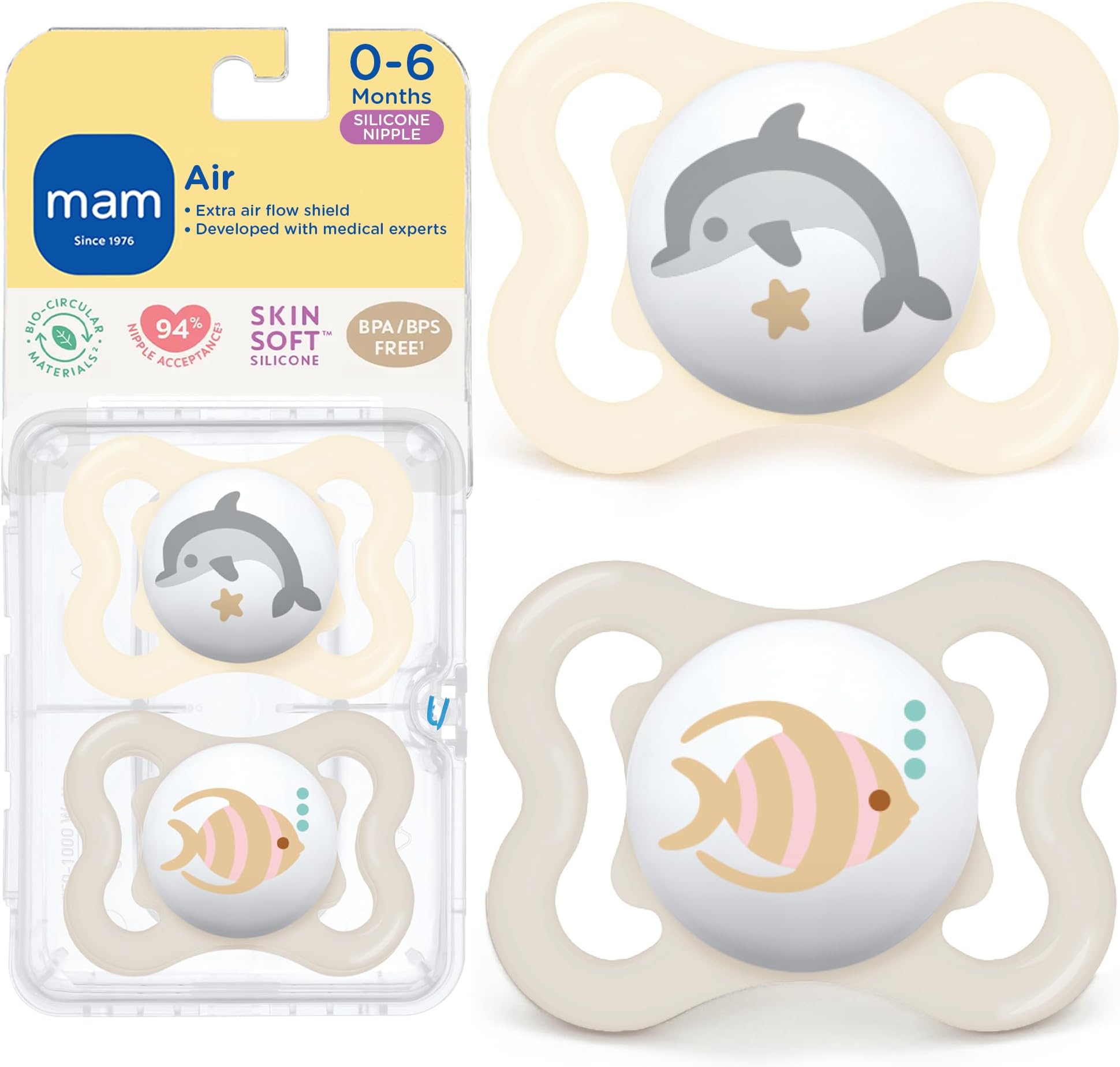 Mini Air Pacifiers (2 pack), MAM Sensitive Skin Pacifier 0-6 Months, Best Pacifier for Breastfed Babies, Unisex Pacifiers, 0-6 (Pack of 2)
