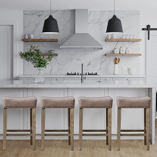 Miniatura 10 de Noskatu Juego de 2 taburetes de bar de 29 pulgadas de altura de mostrador, taburetes de cuero sintético, con cabeza de clavo, sillas de bar de