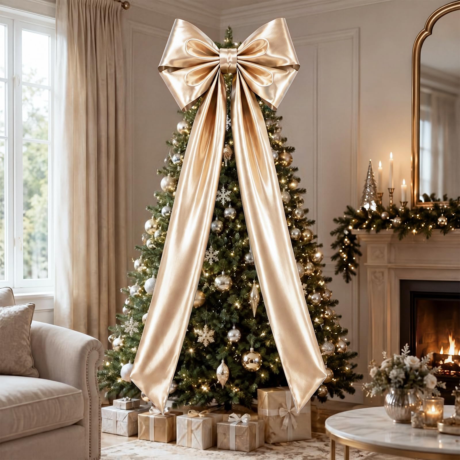 XunYee Large Metallic Foil Christmas Tree Bows, 19.7 x 71 Inch, Champagne
