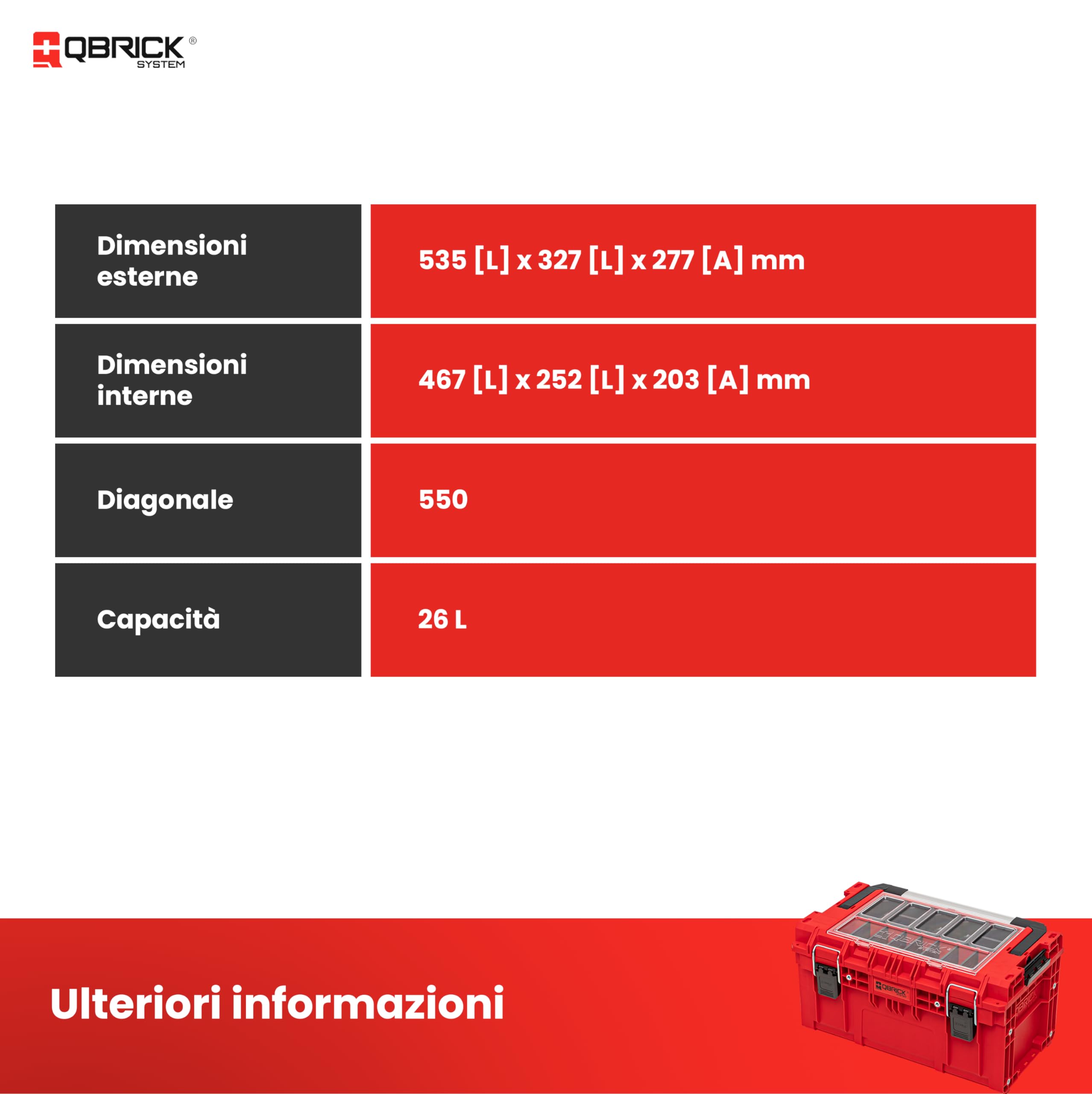 QBRICK SYSTEM Cassetta Attrezzi Vuota Porta PRIME RED Ultra HD Rosso 570 x 340 x 295 mm