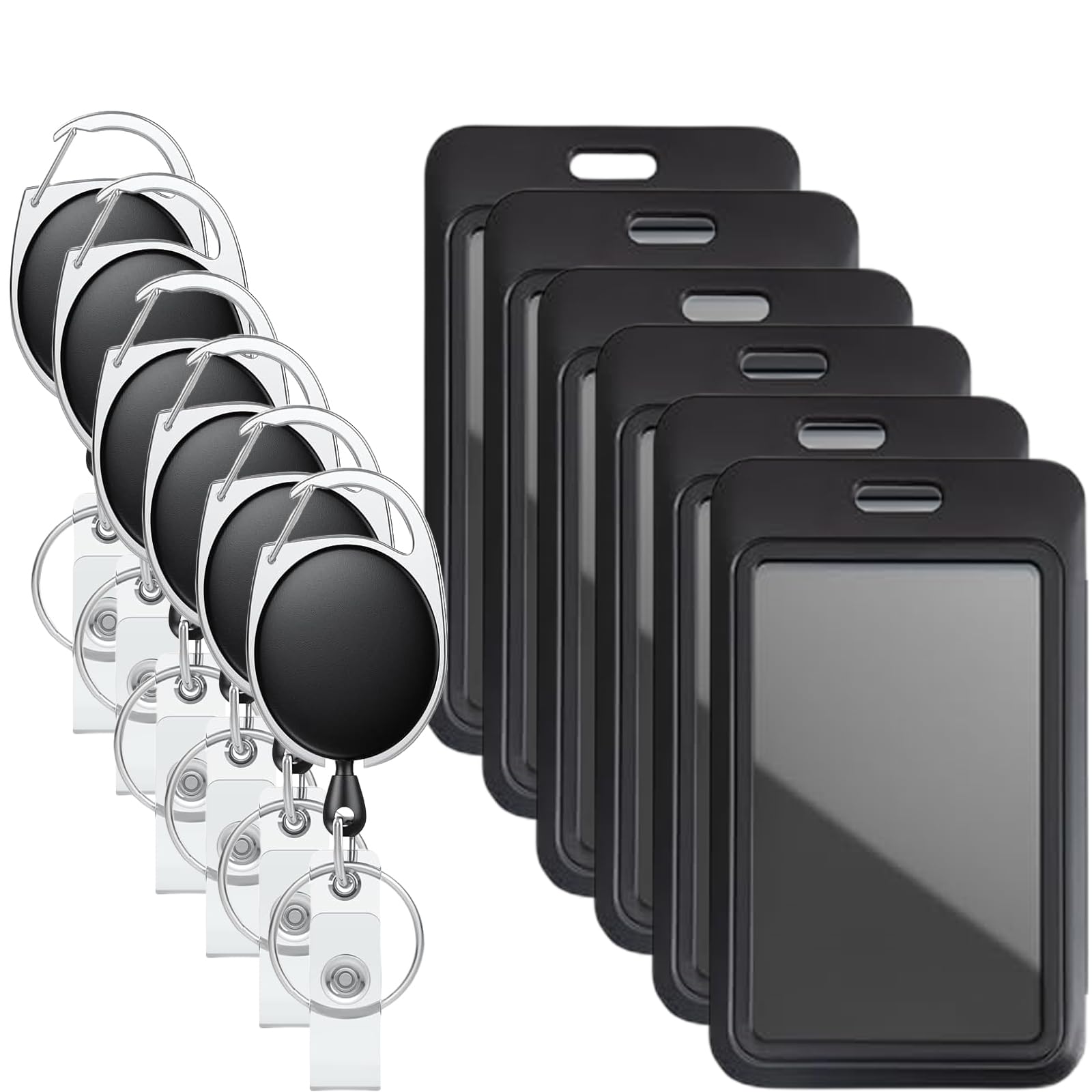 Badge Holders with Retractable Keychains – Multi-Card ID Card Holder Reels for Work, Office, Lanyards (Fits 2-3 Cards) (6, Black) — image 1