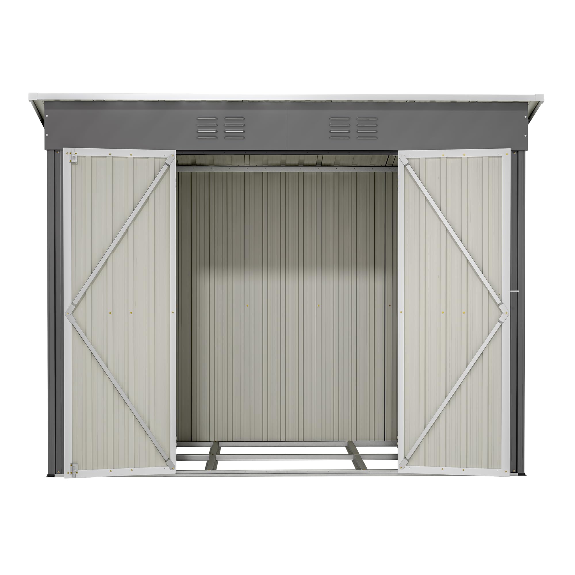 Caseta de jardín de metal 8x4 pies, caseta de herramientas incluye base de metal (sin suelo), armario de jardín de metal con tejado inclinado y puerta, resistente a la intemperie, cobertizo para