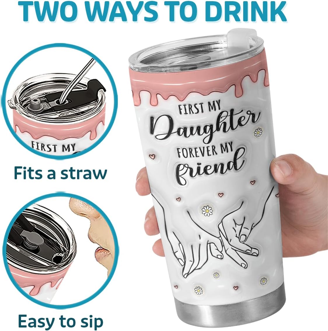 First My Daughter Forever My Friend Tumbler Cup, 20oz Stainless Steel Travel Cup with Lid, Christmas Gifts for Daughter from Mom, Mother Daughters Gifts, Travel Coffee Tumbler - Image 3