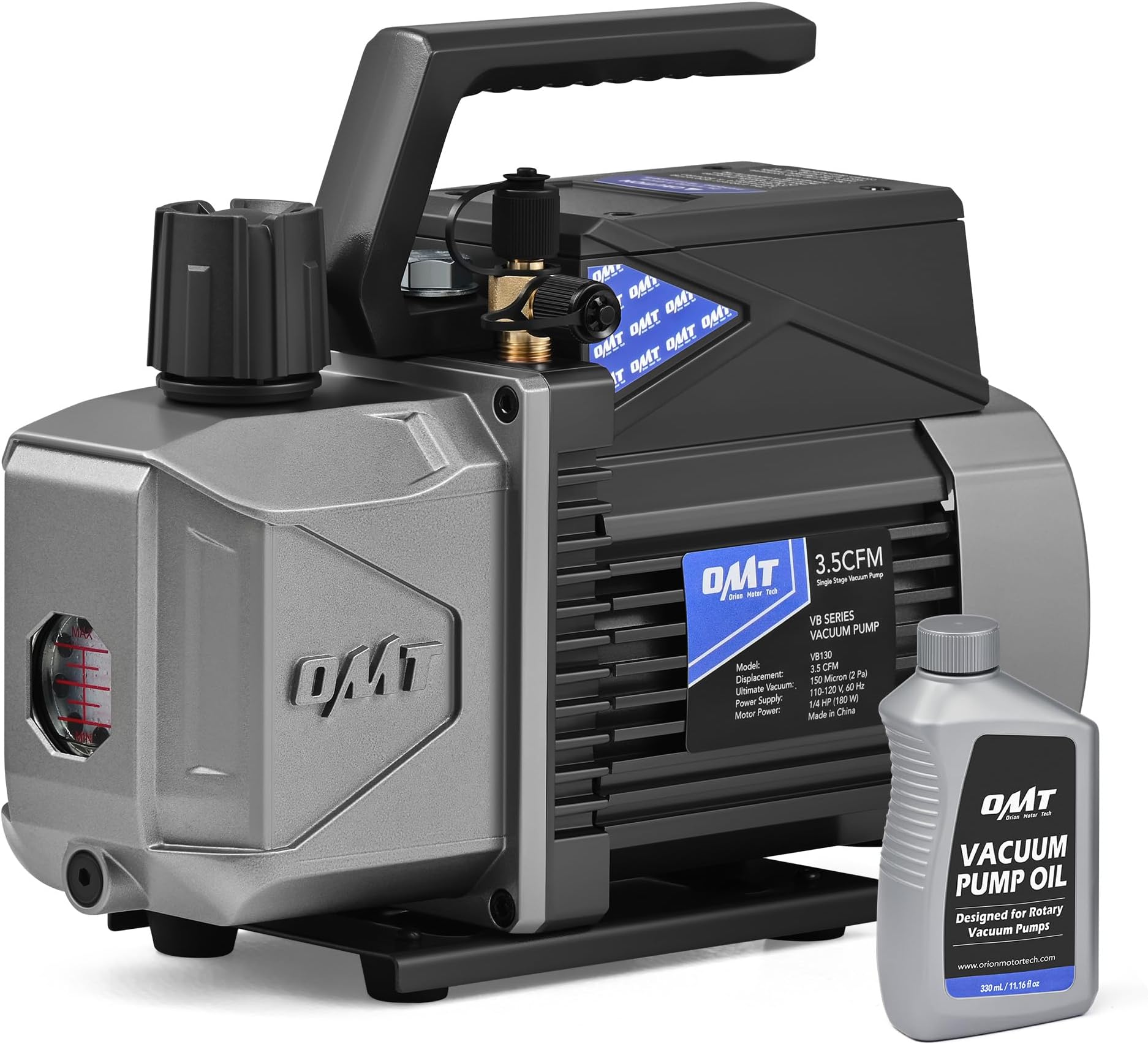 Orion Motor Tech A2L Vacuum Pump, 3.5 cfm 1/4 hp Single Stage Sparkless Ignition Proof Vacuum Pump for R1234yf R32 R134a R22 R410A with 15 Micron Ultimate Vacuum, Auto HVAC Vacuum Pump