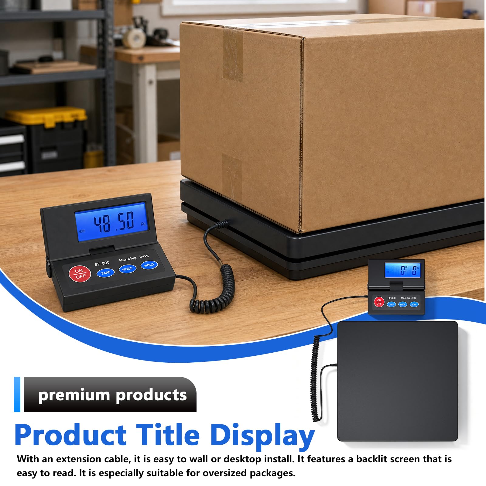 Bilancia per pacchi, 50 kg | D=2 g - Bilancia da piattaforma ad alta precisione, bilancia digitale per posta con display LCD esterno pieghevole, incl. batteria e cavo USB per pacchi/bagagli/ufficio