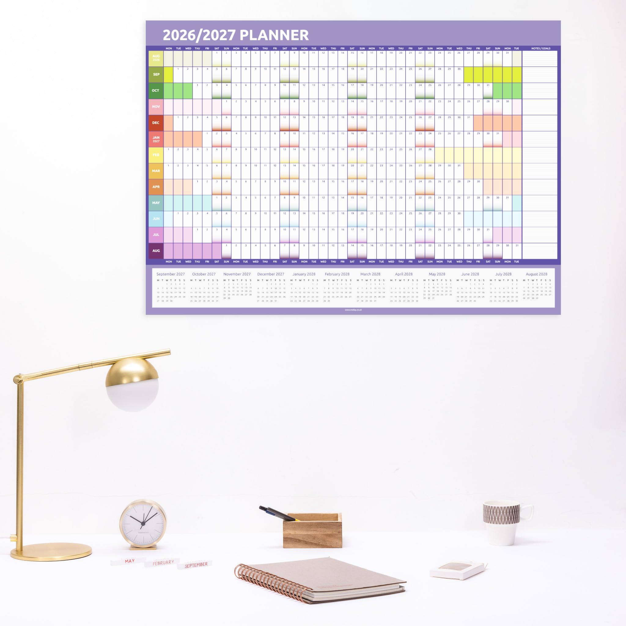 Planificador académico de pared 2026 2027, tamaño A1, calendario británico de mitad de año, 84 cm x 59 cm, organizador anual grande para profesores de escuela y estudiantes (arcoíris)