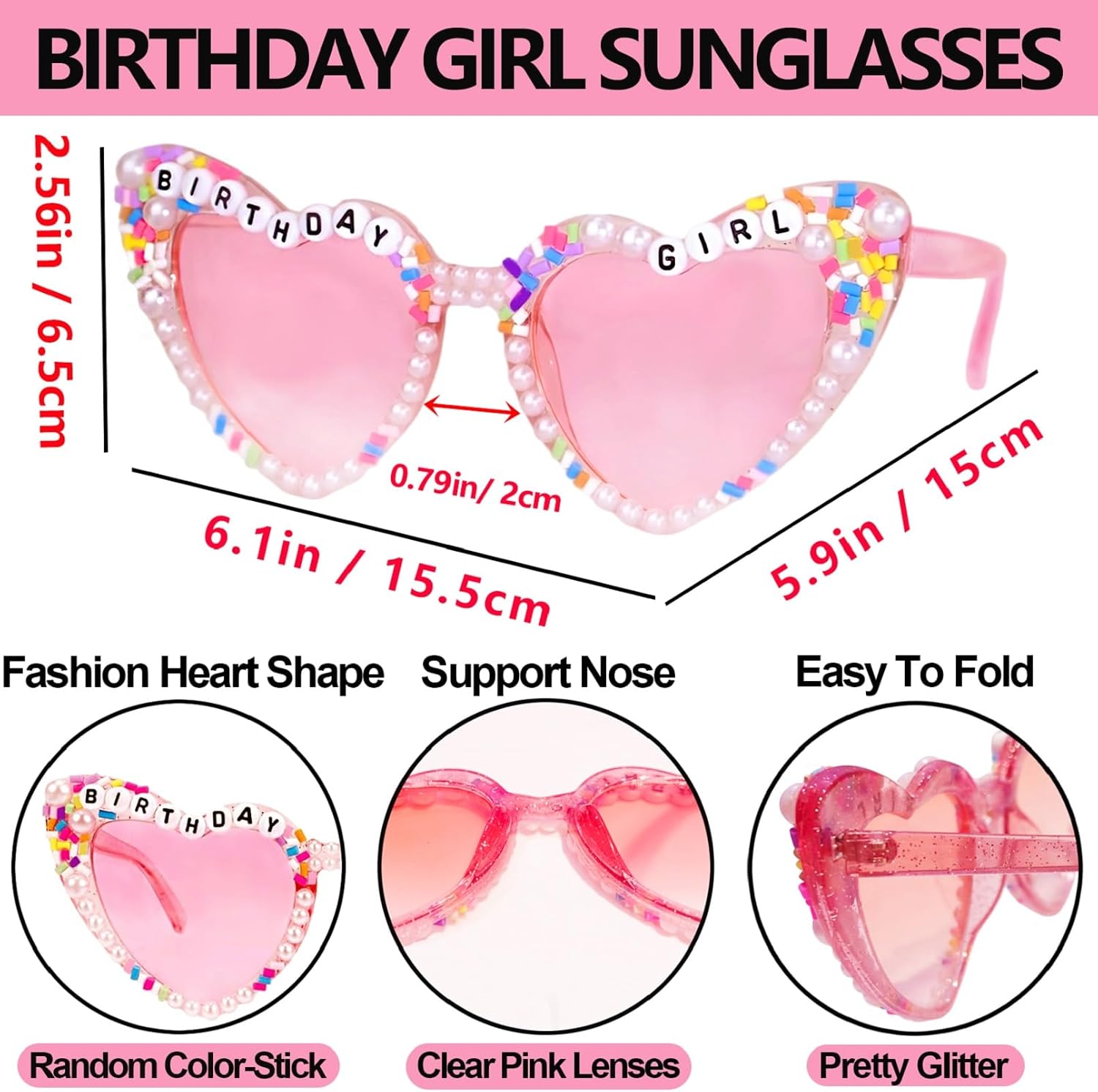 2PCS Pink Birthday Sash and Sunglasses, Glitter Sash with Silver Foil Print and Pink Heart Shape Sunglasses Accessories for Birthday Party Decorations
