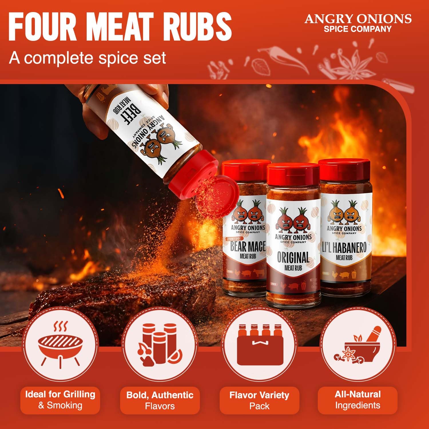 Angry Onions BBQ Seasoning and BBQ Rub gift set for Chicken, Steak, Turkey, Beef, Pork, 4 Flavor Seasoning Set Original, Lil Habanero, Beef, Bear Mace, unique gifts for men, Grilling Accessories, 5 oz