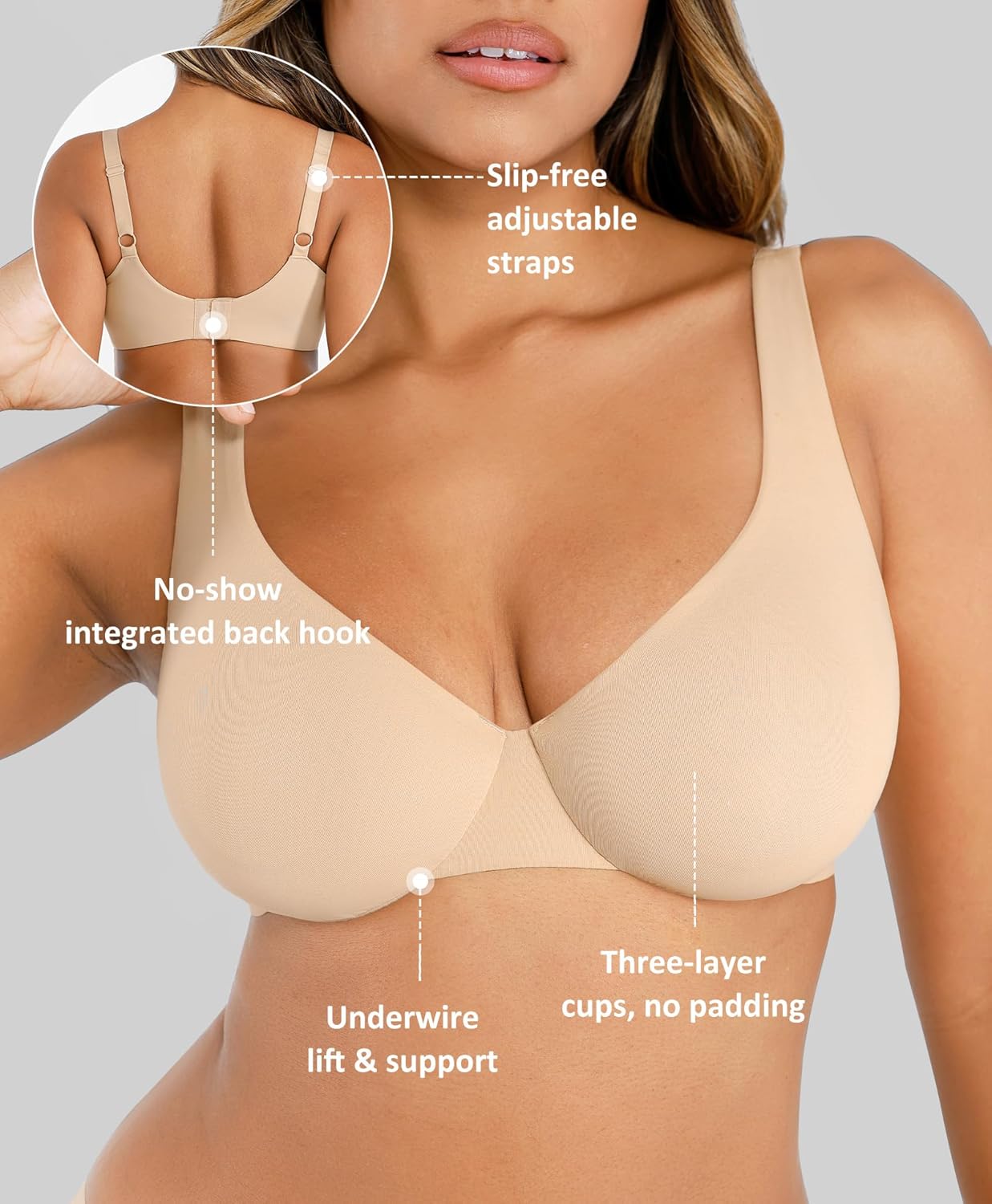 FeelinGirl Bras for Women Unlined No Padded Seamless Full Coverage Underwire Push Up Plunge Everyday Bras Skin 38C - Image 3