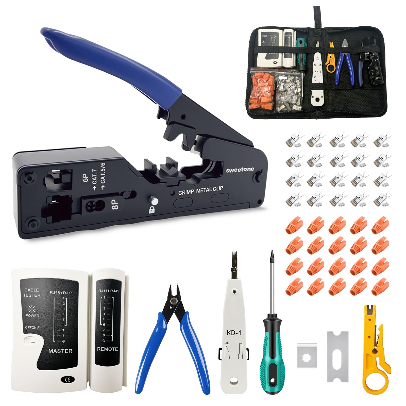 Netzwerk Werkzeug Set, RJ45 Crimpzange Werkzeugset für Cat7 Cat6 Cat5 Stecker mit 20 x LAN Kabel Stecker, Netzwerktester, Abisolierzange, Krimpzangenset RJ45/RJ11/RJ12 Reparaturwerkzeuge