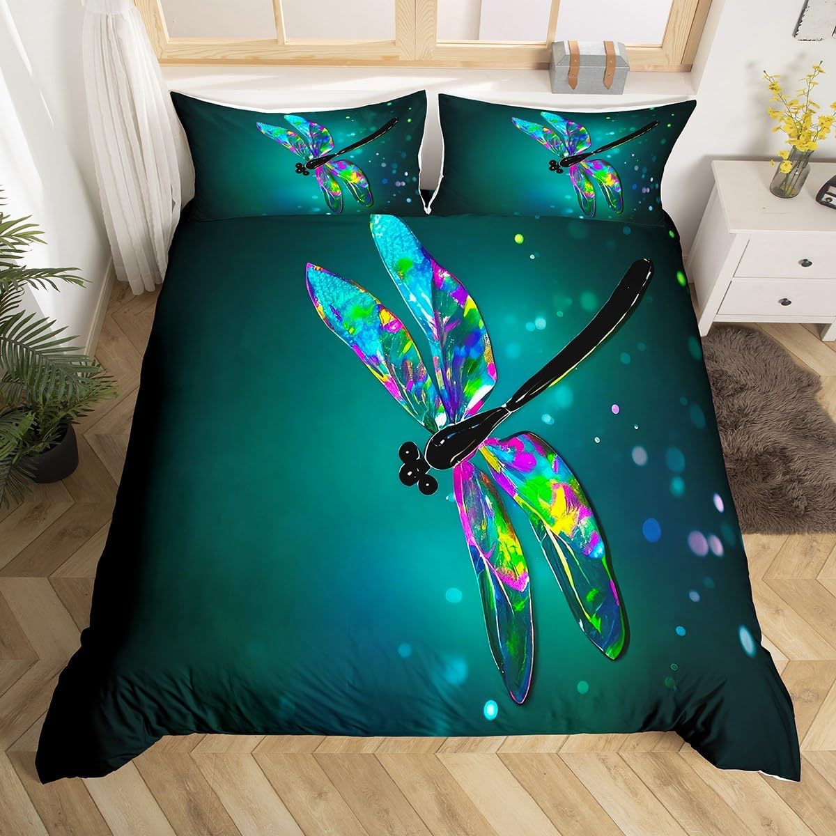 Feelyou Dragonfly Comforter Cover Set Ultra Soft Dragonfly Duvet Cover Set for Kids Women Adults 3Pcs Lightweight Teal Nature Decoration Bedding Set with 1 Quilt Cover 2 Pillowcases Turquoise King