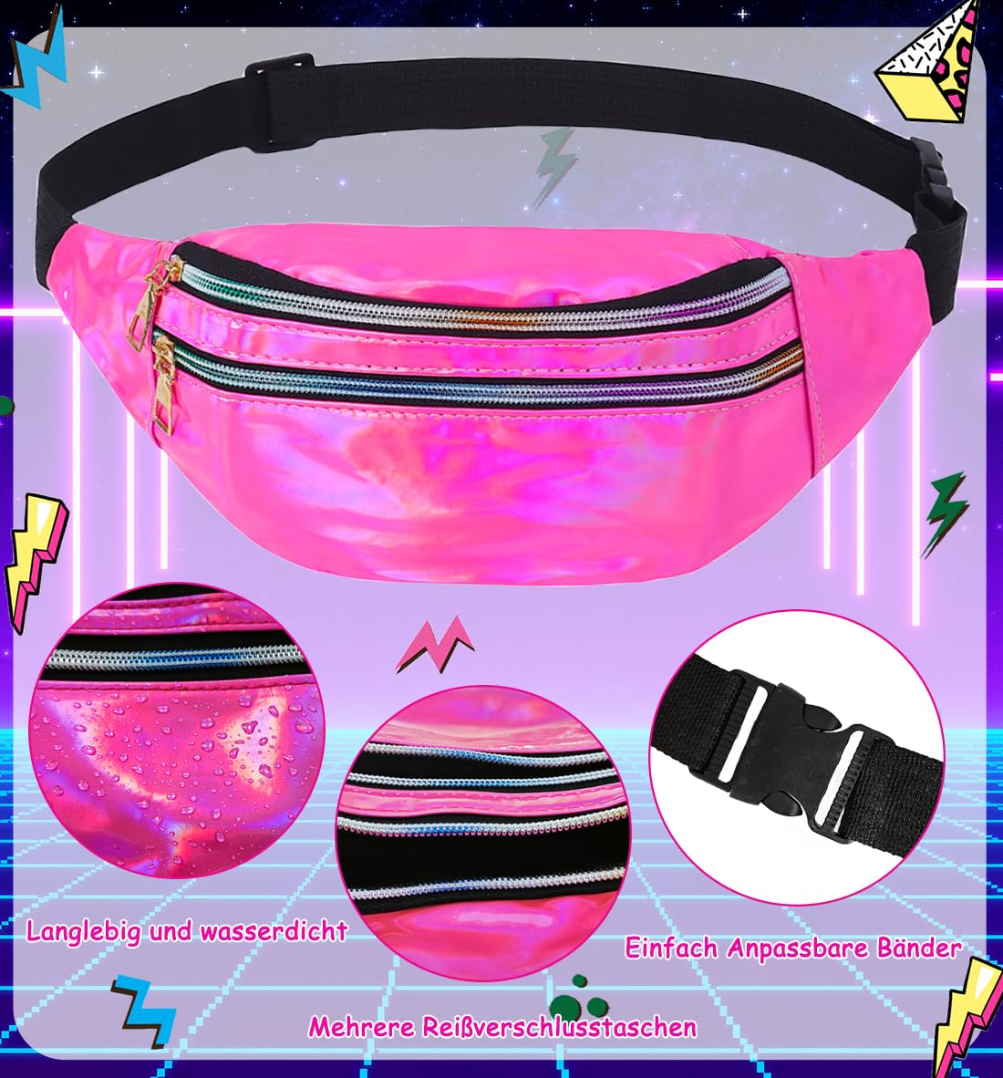 FOVER 80er 90er Jahre Outfit Damen Netzshirt, Tank top, Leggins, Netzhandschuhe, Bauchtasche, Haarband, Ohrring, Armband, Halskette, 80iger Kostüm Zubehör Neon Kleidung 80s Aerobic Bad Taste Outfit