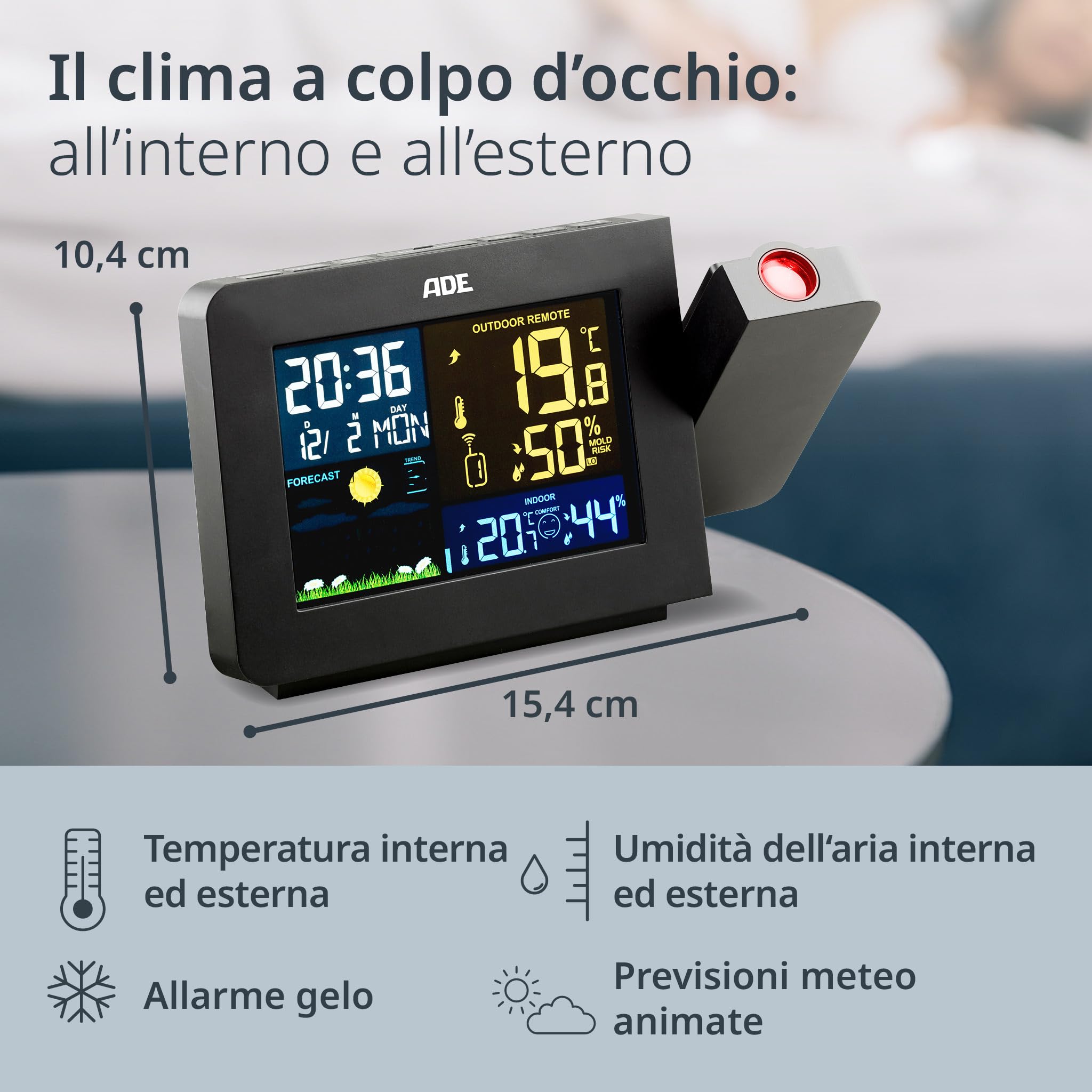 ADE Stazione meteo con sensore esterno a proiezione e wireless | termometro, igrometro, indicatore del clima interno | display LCD illuminato | radiosveglia con segnale orario DCF e calendario | nero