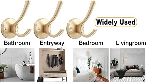 Vista 59 de Ganchos dorados para pared, paquete de 3 ganchos para toallas, de metal resistente, doble gancho para bata de baño, ganchos para sombreros