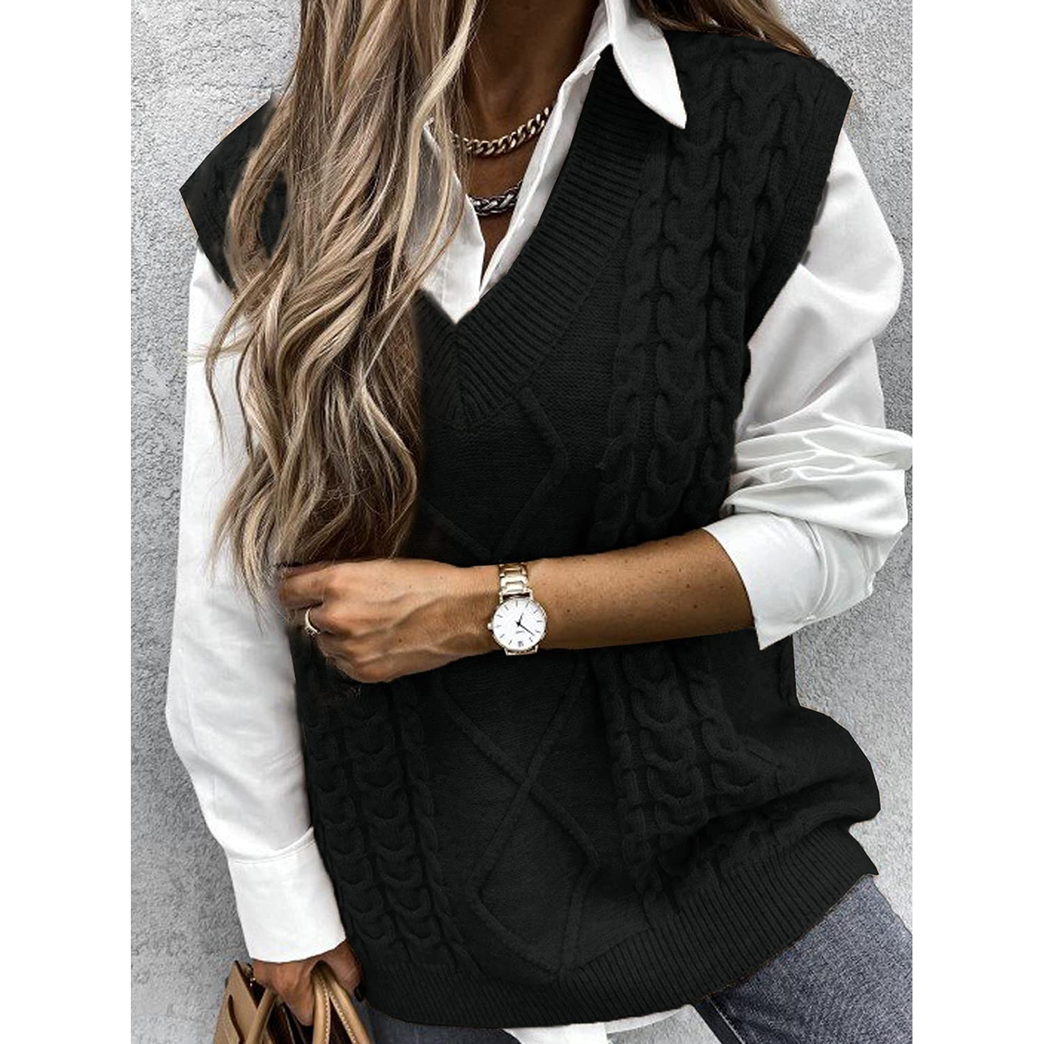 Niwicee Gilet Pulls sans Manche Femme Pull Gilet pour Femmes Pull Chaud sans Manche Femme Pull en Tricot Gilets sans V-Cou Sweater Casual Basique Printemps Automne