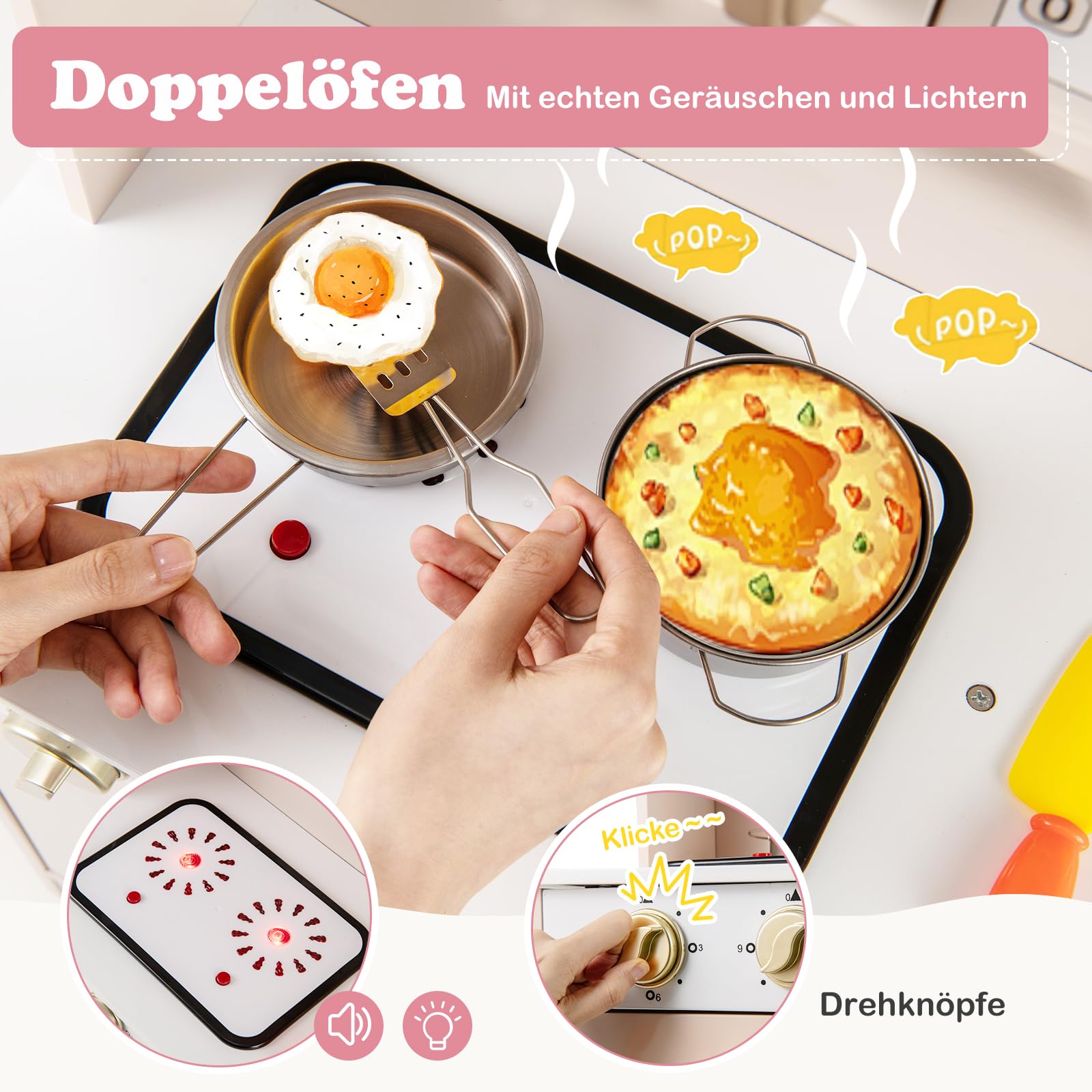 DREAMADE Kinderküche aus Holz, Spielküche mit Geräuschen & Lichtern, höhenverstellbare Holzküche mit Ofen, Mikrowelle, Herdplatte, Spüle & Zubehör, Spielzeugküche mit Stauraum für Kinder ab 3 Jahren