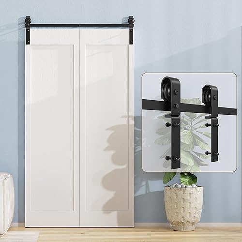 Miniatura 2 de ROOMTEC Kit de riel de hardware para puerta corrediza de granero biplegable de 3 pies, kit de rodillos negros para 2 puertas, forma de J (sin puerta)