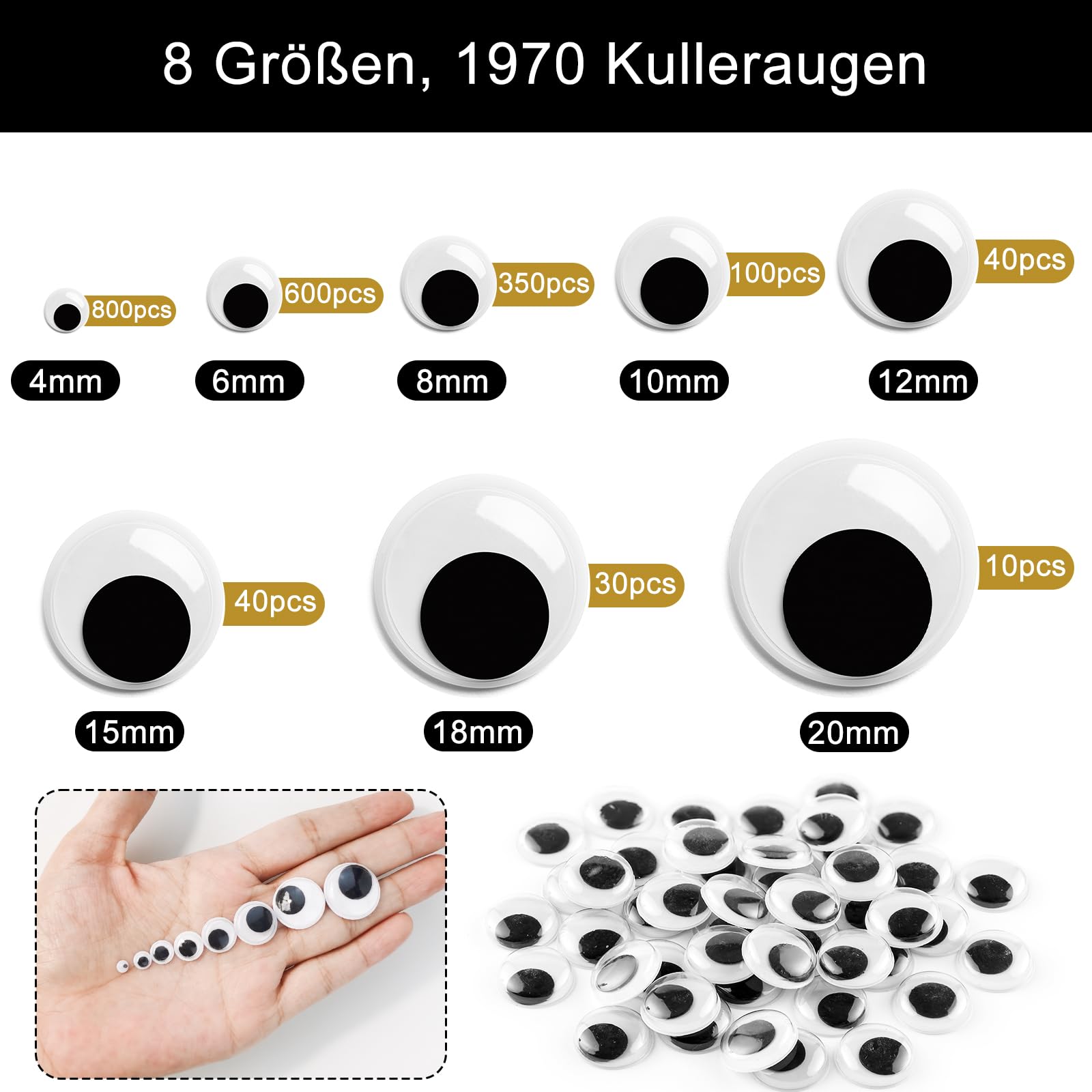 Set 1970 Occhietti Adesivi Per Lavoretti - 8 Taglie Da 4-20mm, Occhi Mobili Per DIY E Crafts