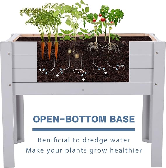 Raised Garden Bed with DIY Chalkboard, 30 x 24 x 18 Inch Wooden Elevated Raised Garden Bed, Outdoor Planter Box with Legs for Vegetables Grass Lawn Yard, Light Gray