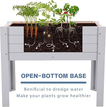 Raised Garden Bed with DIY Chalkboard, 30 x 24 x 18 Inch Wooden Elevated Raised Garden Bed, Outdoor Planter Box with Legs for Vegetables Grass Lawn Yard, Light Gray
