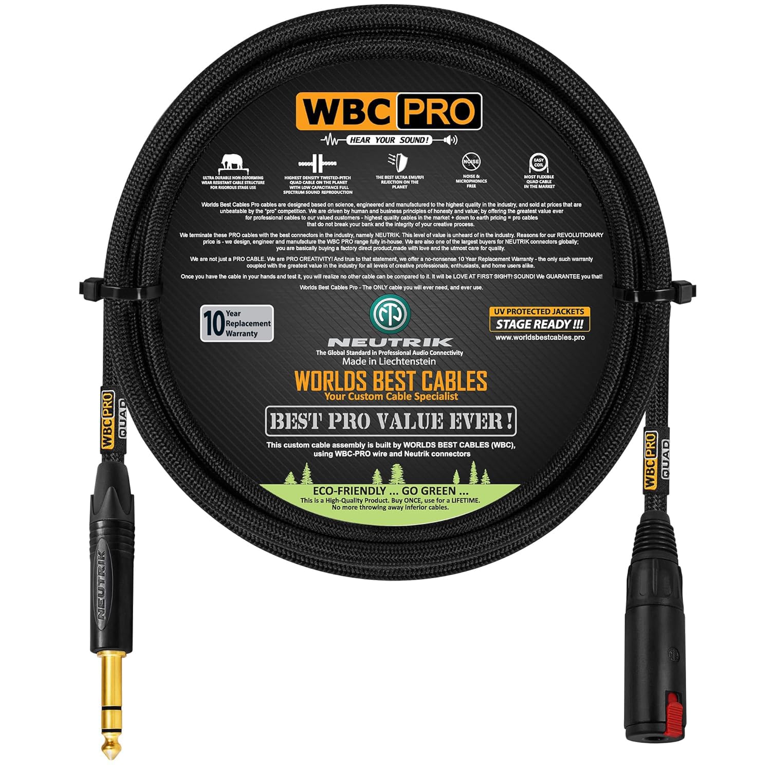 3 Foot - WBC-PRO-Quad Ultra-Silent, Ultra-Flexible, Balanced Star-Quad Headphone Extension Cable with ¼” (6.35mm) Neutrik Male TRS Plug to Locking Female TRS Jack & Black Tweed Jacket