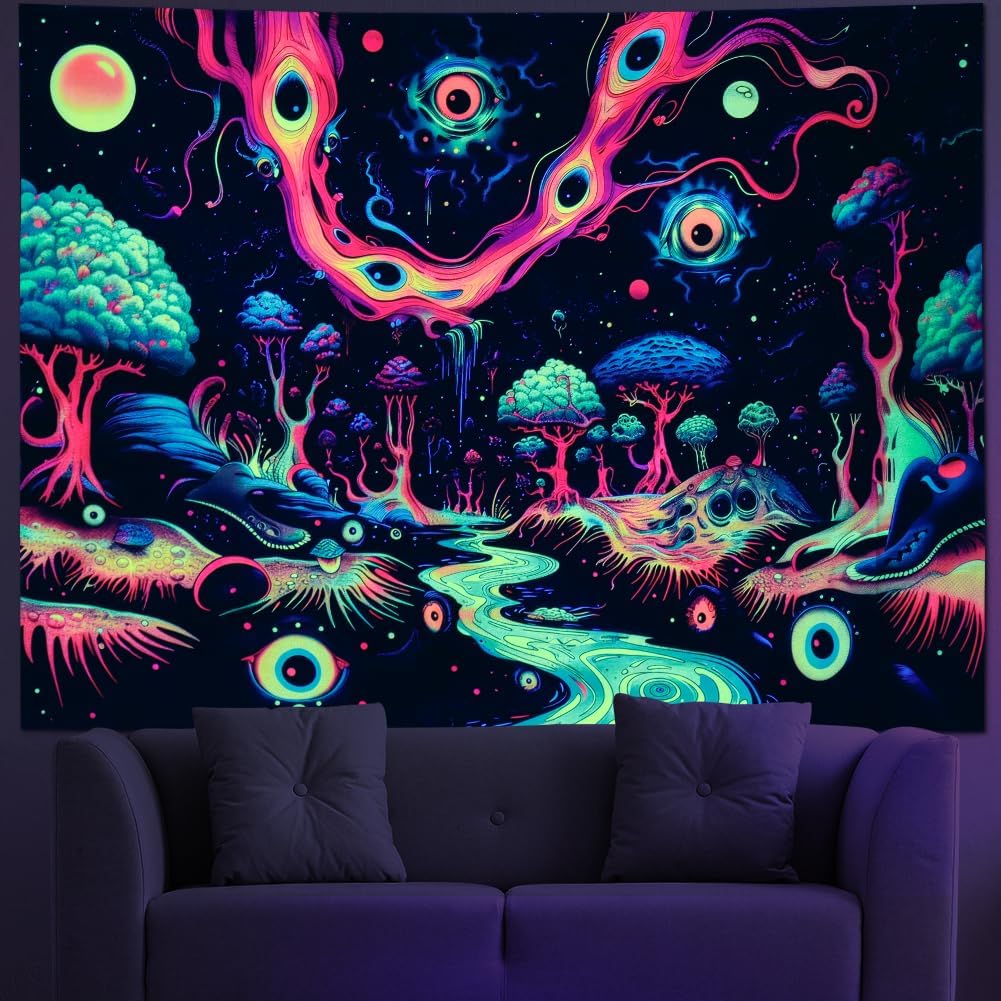 Amonercvita Blacklight Evil Eye Tapestry UV Reactive Galaxy Space Tapestries Abstract Psychedelic Surreal Eye Tapestries Fantasy Forest Tree Tapestry Wall Hanging Nature Decor for Room