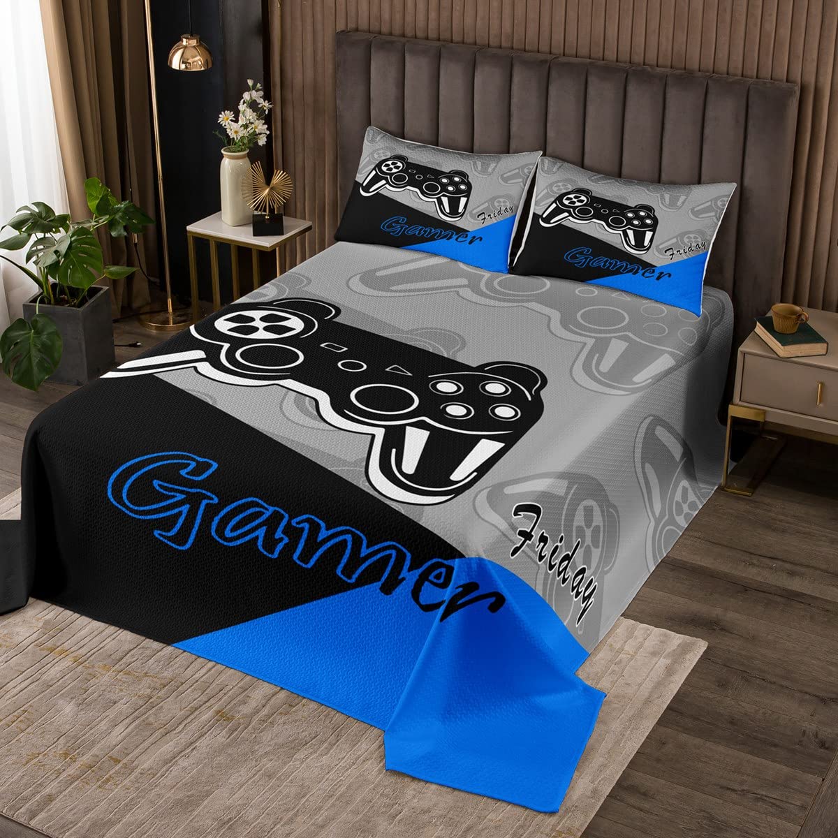 Gaming Bedding Set for Teens Boys Blue and Black Gamer Bedspread Video Gamepad Home Decor Game Controller Quilt Sets Kids (Single,Grey Blue) Toddler 2 Pieces 1 Coverlet Set including 1 Pillowcases