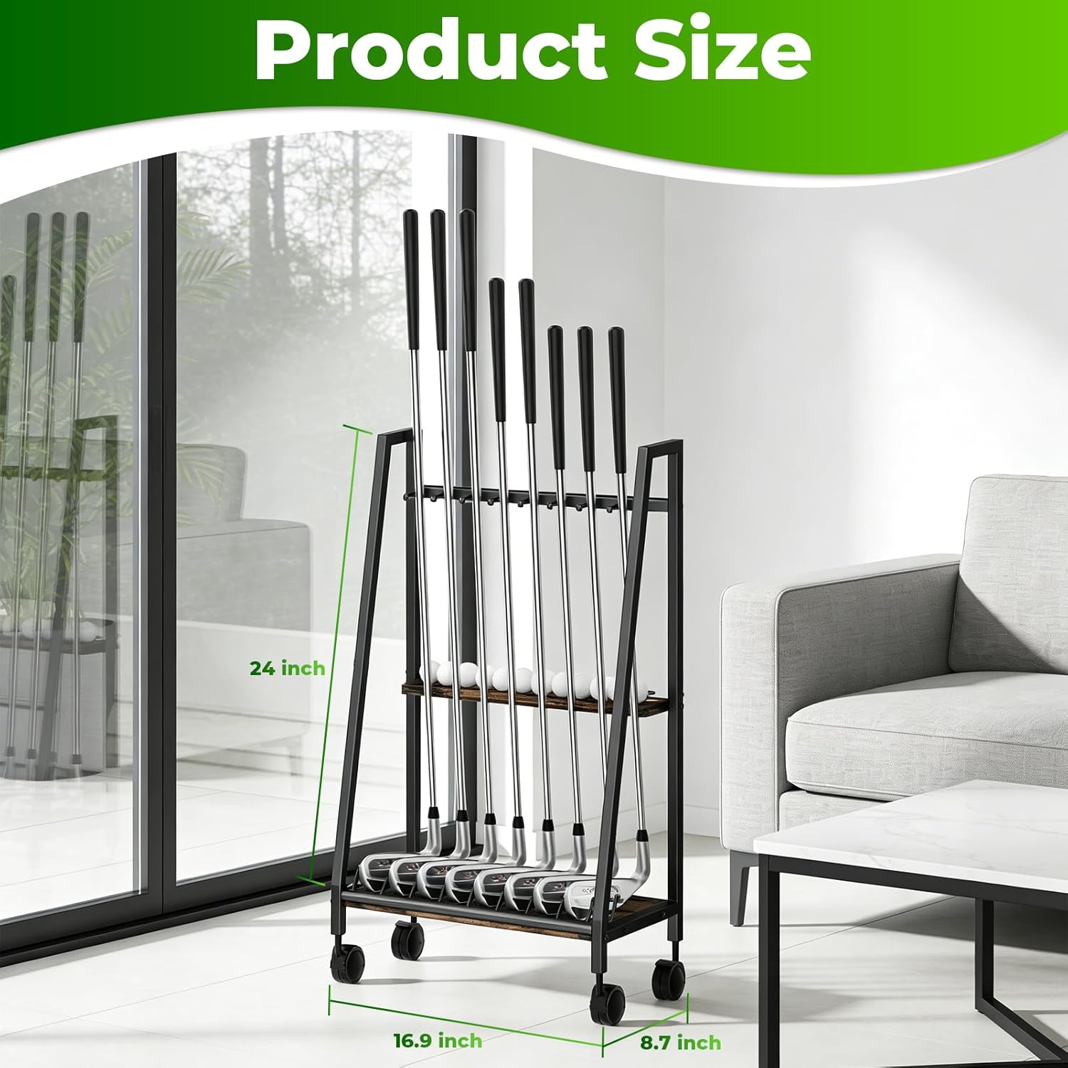 Golf Club Stand with Wheels, 8 Golf Club Holder & 9 Ball Rack, Matte Black Iron & Natural Wood Board Golf Club Organizer, Portable Golf Storage Rack for Garage Home Office Indoor Display