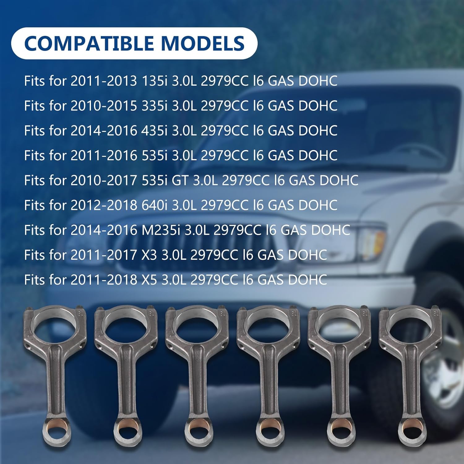 11247624615 6pcs Engine Connecting Rods Fit for 2011-2018 X5 3.0L, Fit for 2011-2016 535i 3.0L, Replace OE 11247624615, 11247586492