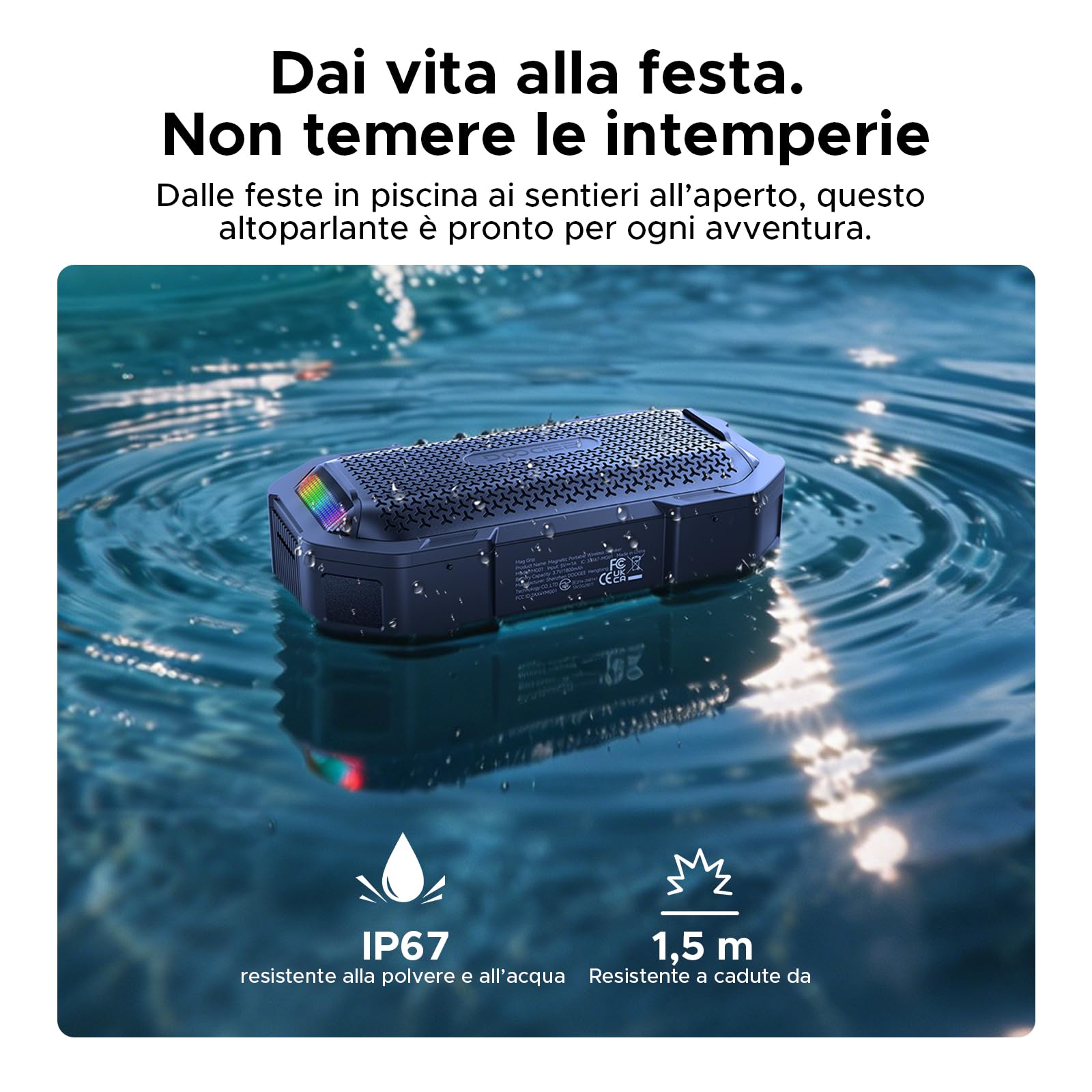 Cassa Potente Portatile con Luce RGB, IP67 Impermeabili Fissaggio Magnetico Altoparlante Wireless Portatile, 10W Resistente alla Polvere e all'acqua, 8 Ore, BT5.3, Accoppiamento Stereo TWS